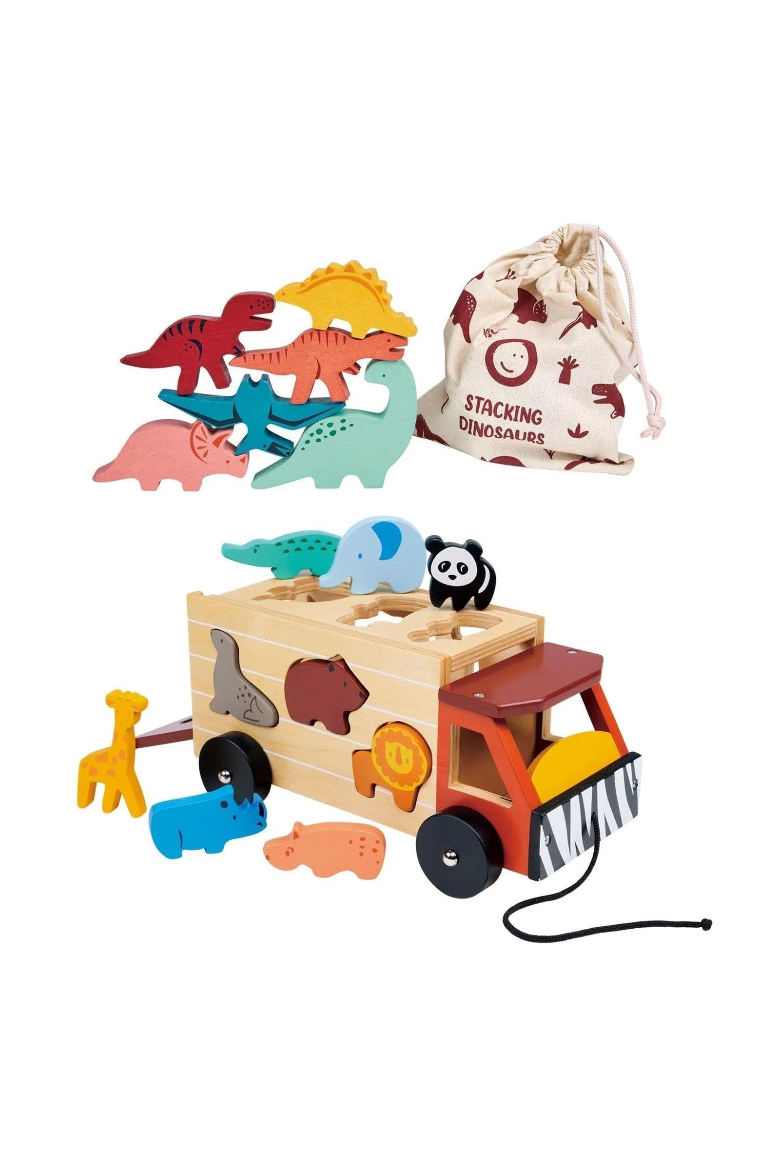 Mentari Wooden Toys, Explorer's Sorting and Stacking Bundle, Safari Truck, Stacking Dinosaurs
