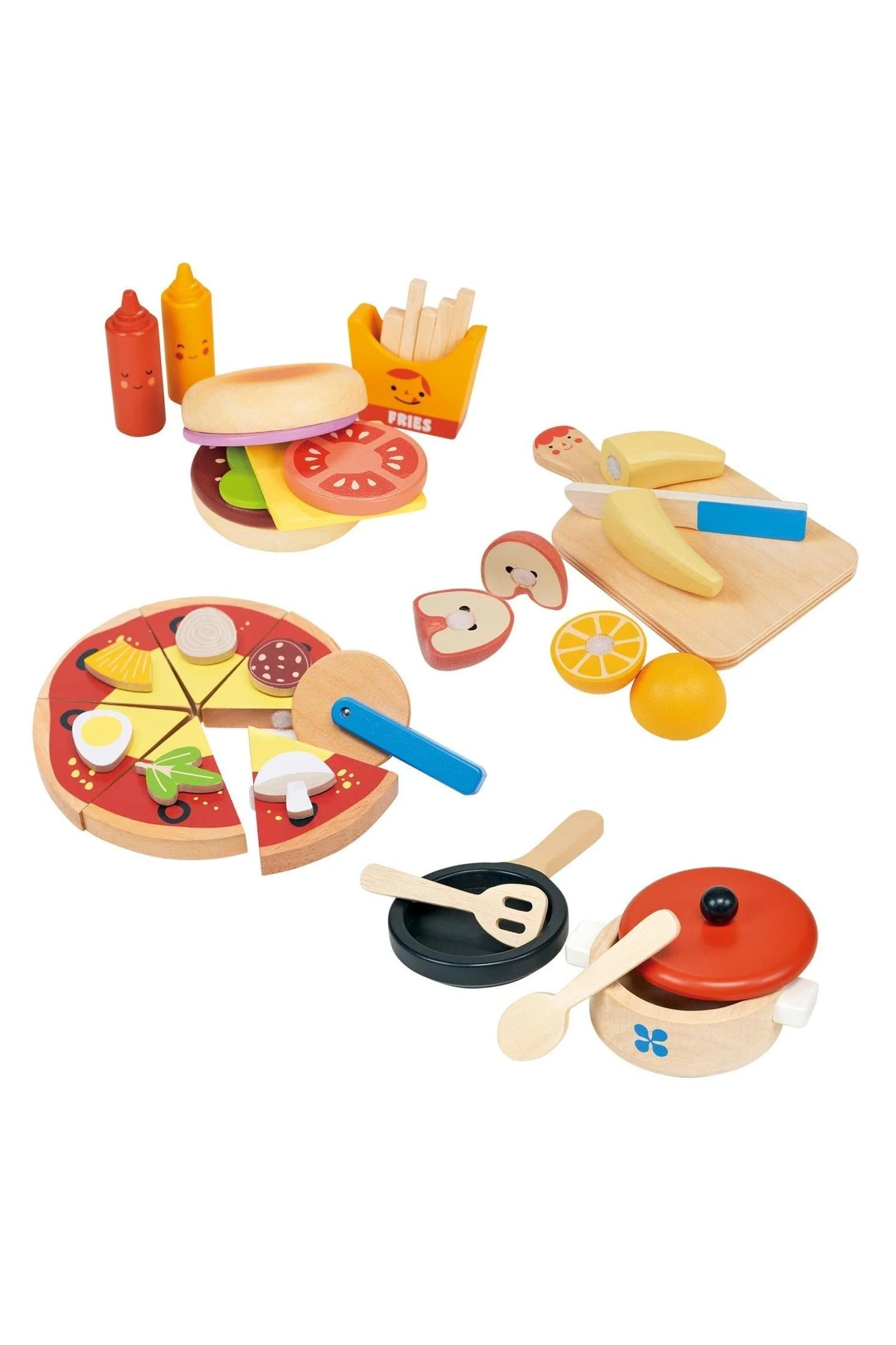 Mentari Wooden Toys, Fast Food Bundle, Pan Set, Chopping Board, Pizza and Burger