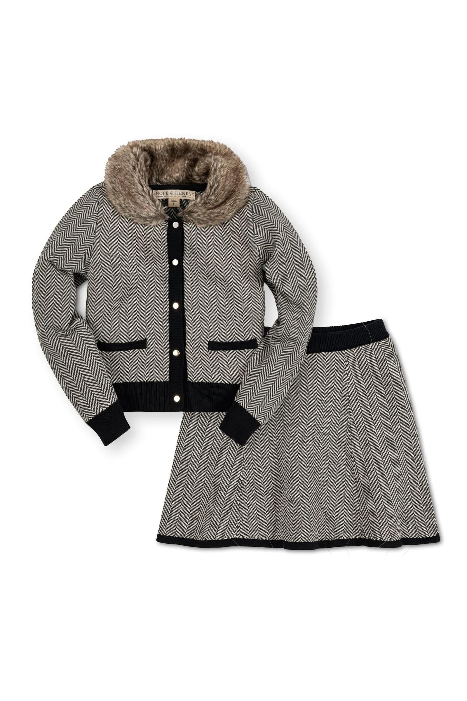 Hope & Henry Faux Fur Cardigan and Skirt Organic Cotton Sweater Set for Girls, Charcoal, Toddler & Kids - Image 2