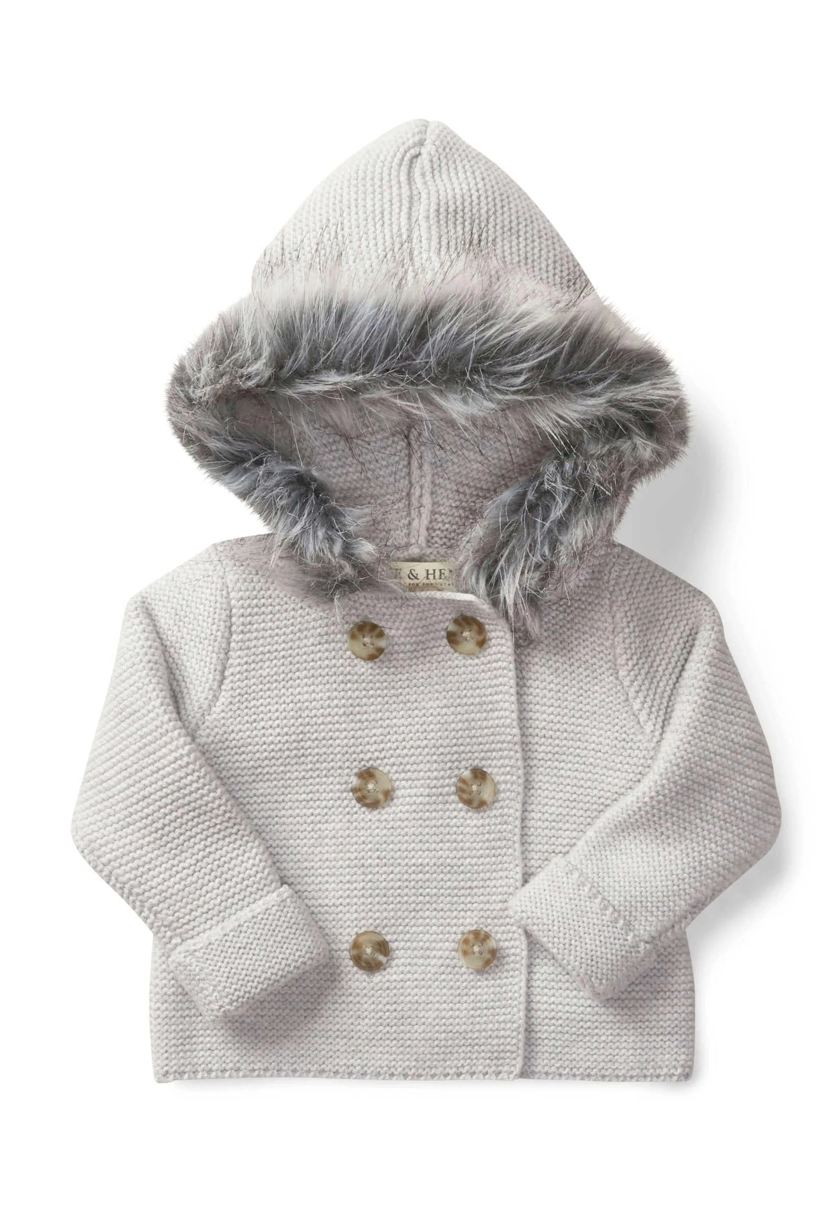 Hope & Henry Organic Cotton Faux Fur Hooded Sweater, Light Gray, Baby - Image 2