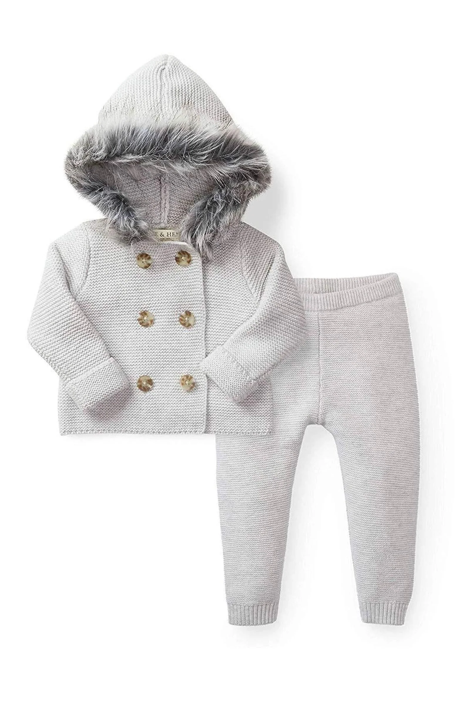 Hope & Henry Organic Cotton Faux Fur Hooded Sweater & Pants Set for Babies, Light Gray - Image 2