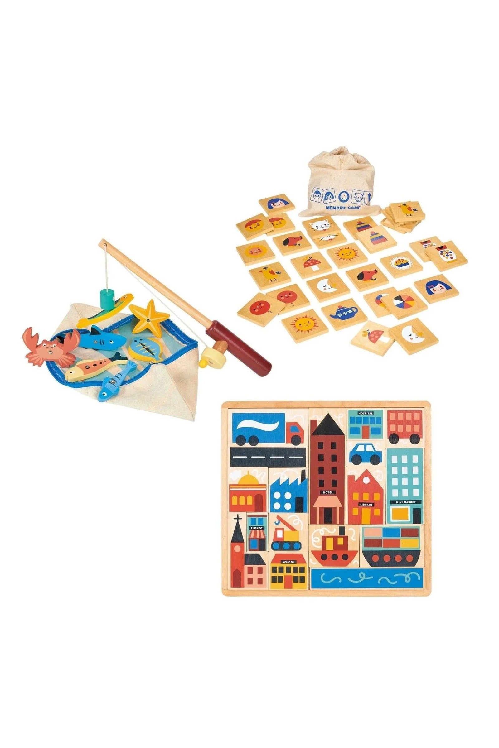 Mentari Wooden Toys, Games Bundle, Memory Game, Fishing Game, Town Puzzle