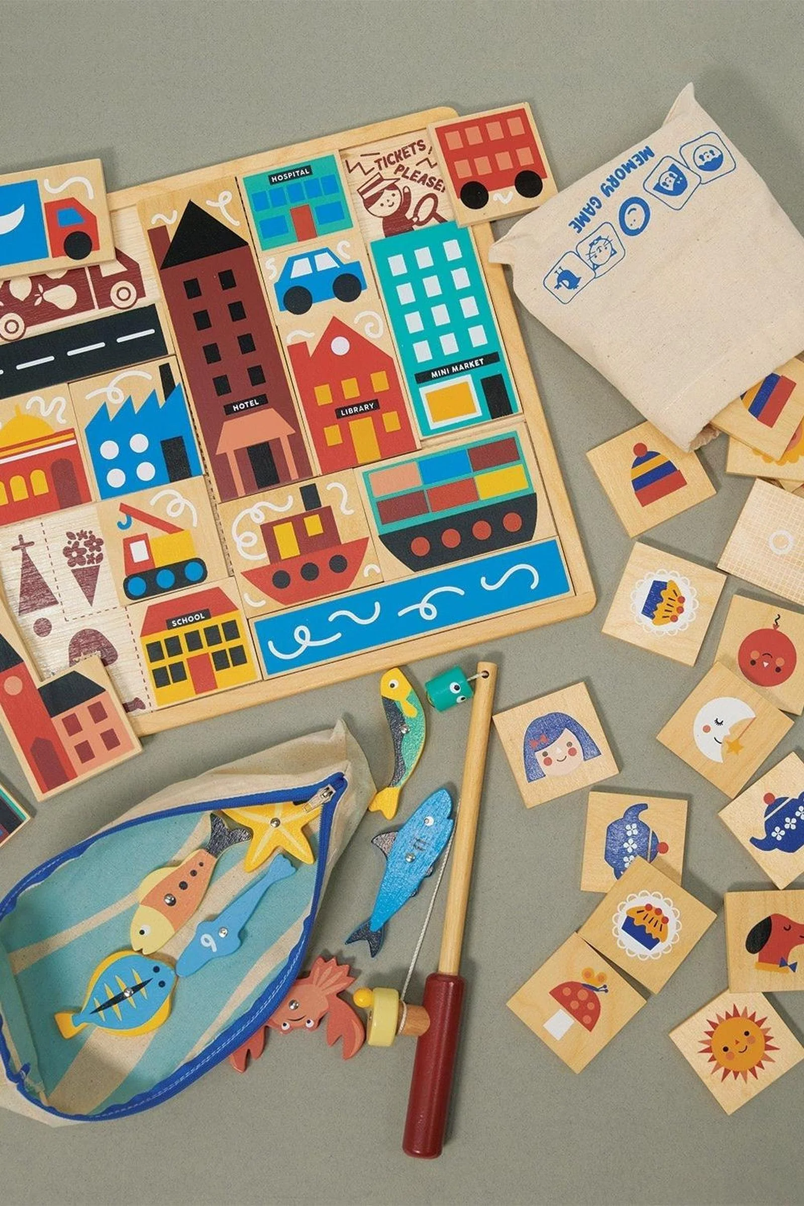 Mentari Wooden Toys, Games Bundle, Memory Game, Fishing Game, Town Puzzle - Image 2