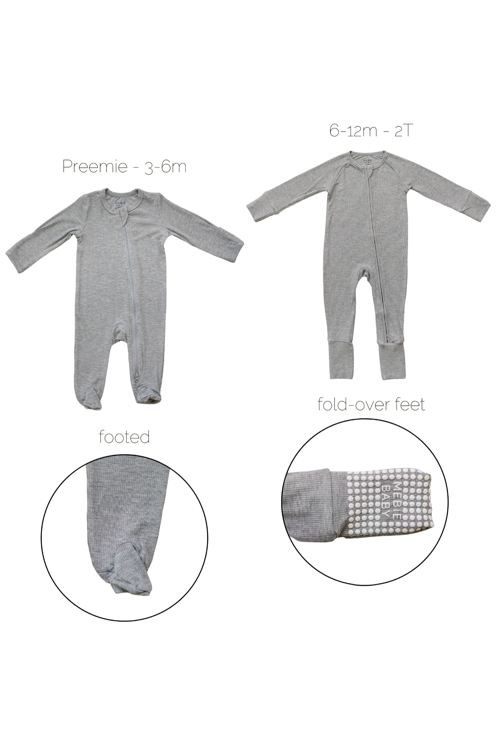 Mebie Baby Heather Grey Ribbed Zipper Pajama, Bamboo, Preemie, Baby Essentials - Image 2