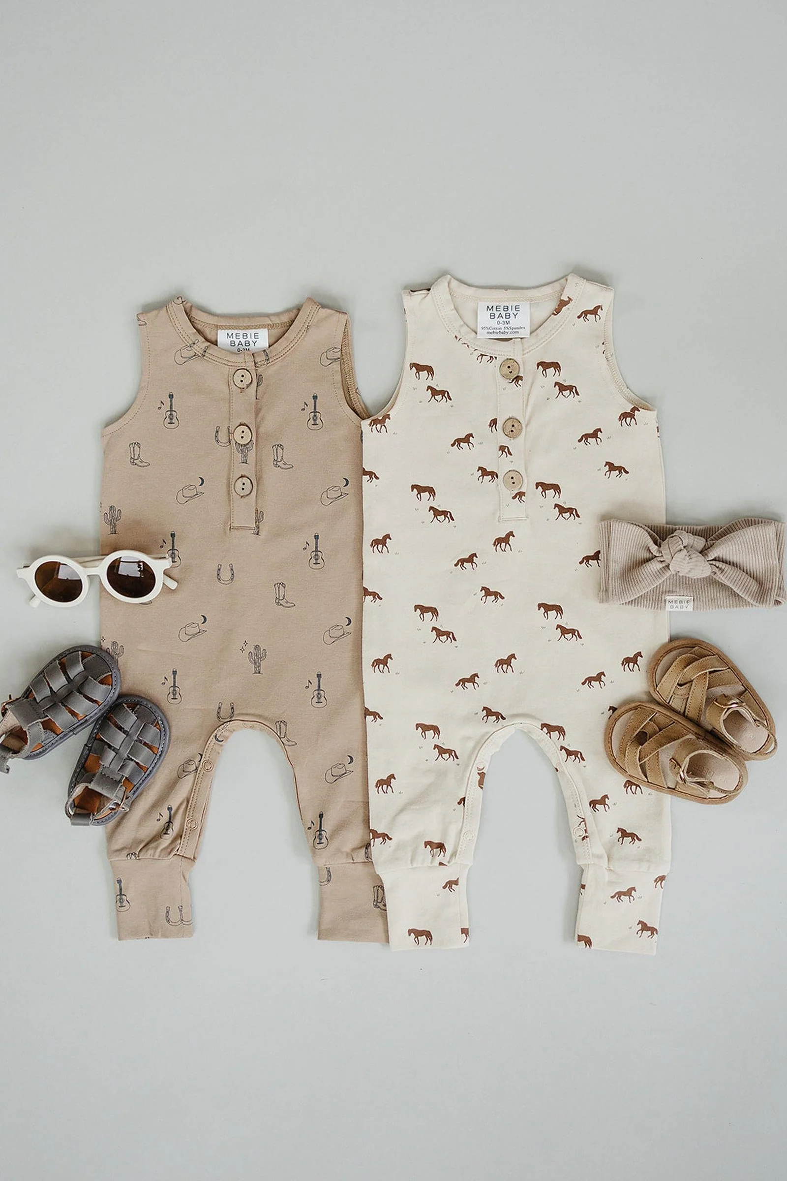 Mebie Baby Cotton Horse Tank Romper for Baby Girls, Cream - Image 3