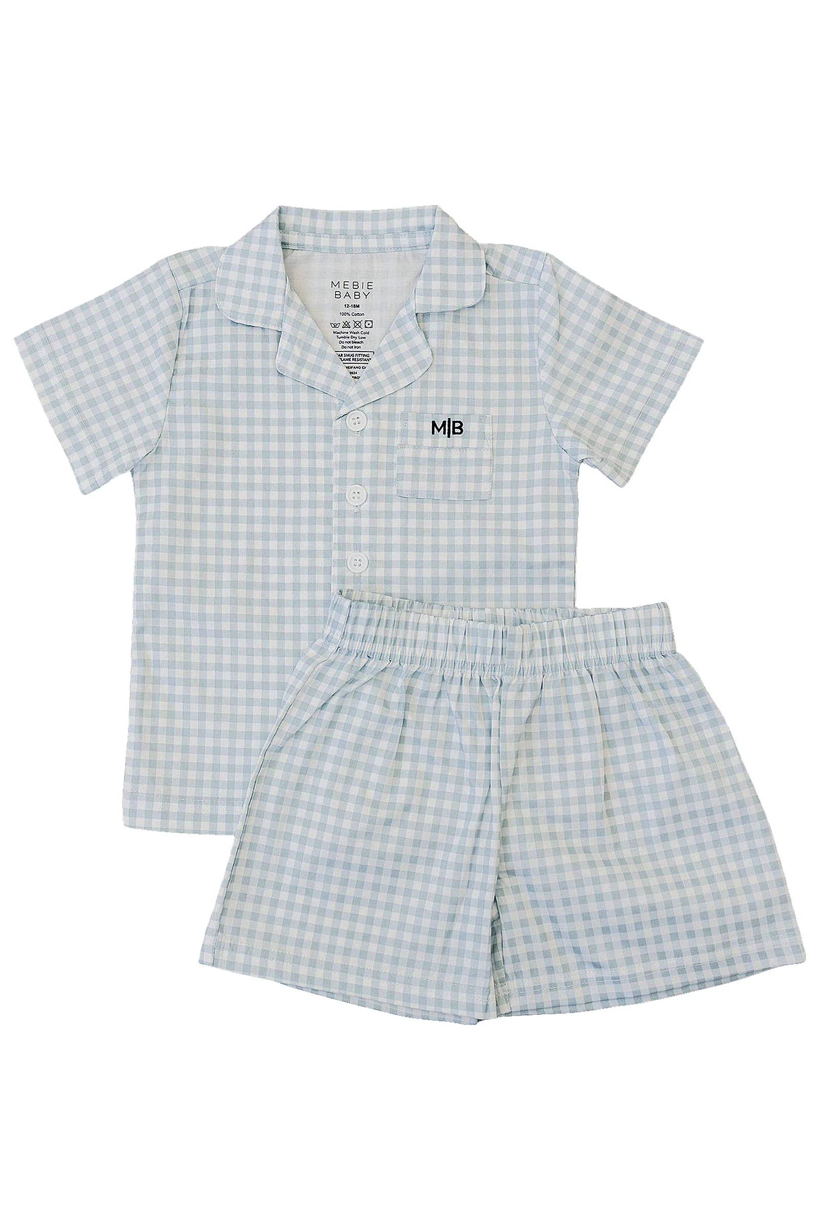 Mebie Baby Light Blue Gingham Shorts Pajama Set, 100% Cotton, Gender Neutral, Sizes 6M-11 - Image 2