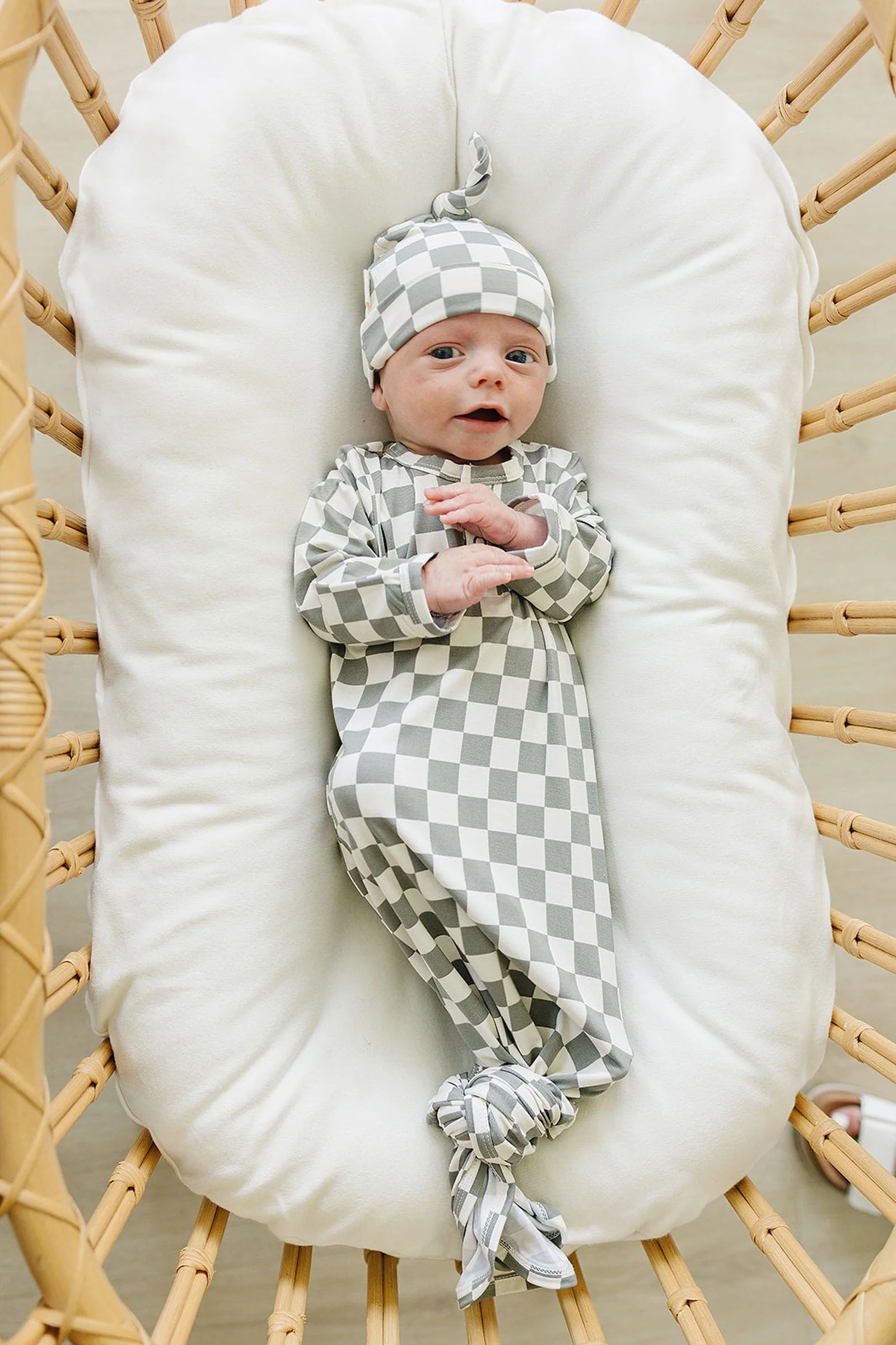 Mebie Baby Light Green Checkered Knot Gown, Bamboo, Baby Essentials