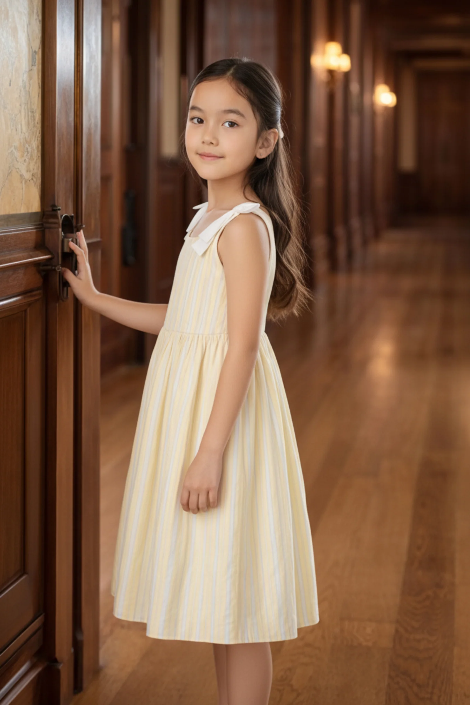 Hope & Henry Linen Bow Shoulder Dress, Sunlit Stripe, Size 2T-12