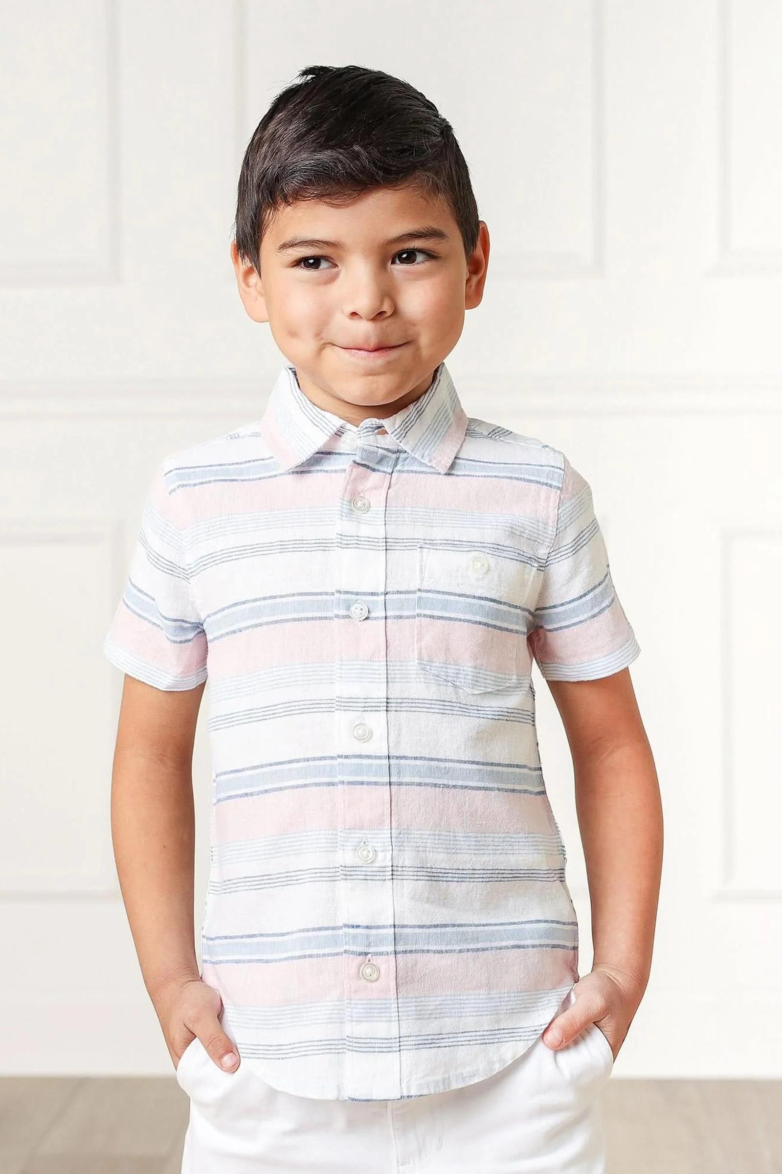 Hope & Henry Linen Button Down Casual Shirt for Boys, Short Sleeve Striped, Toddler & Kids