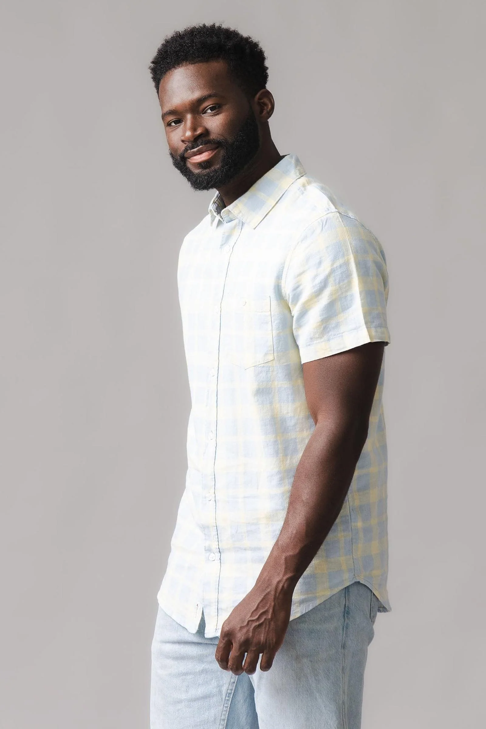 Linen & Organic Cotton Short Sleeve Button Down Shirt, Sunlit Plaid, Men, Family Matching Outfits - Image 5