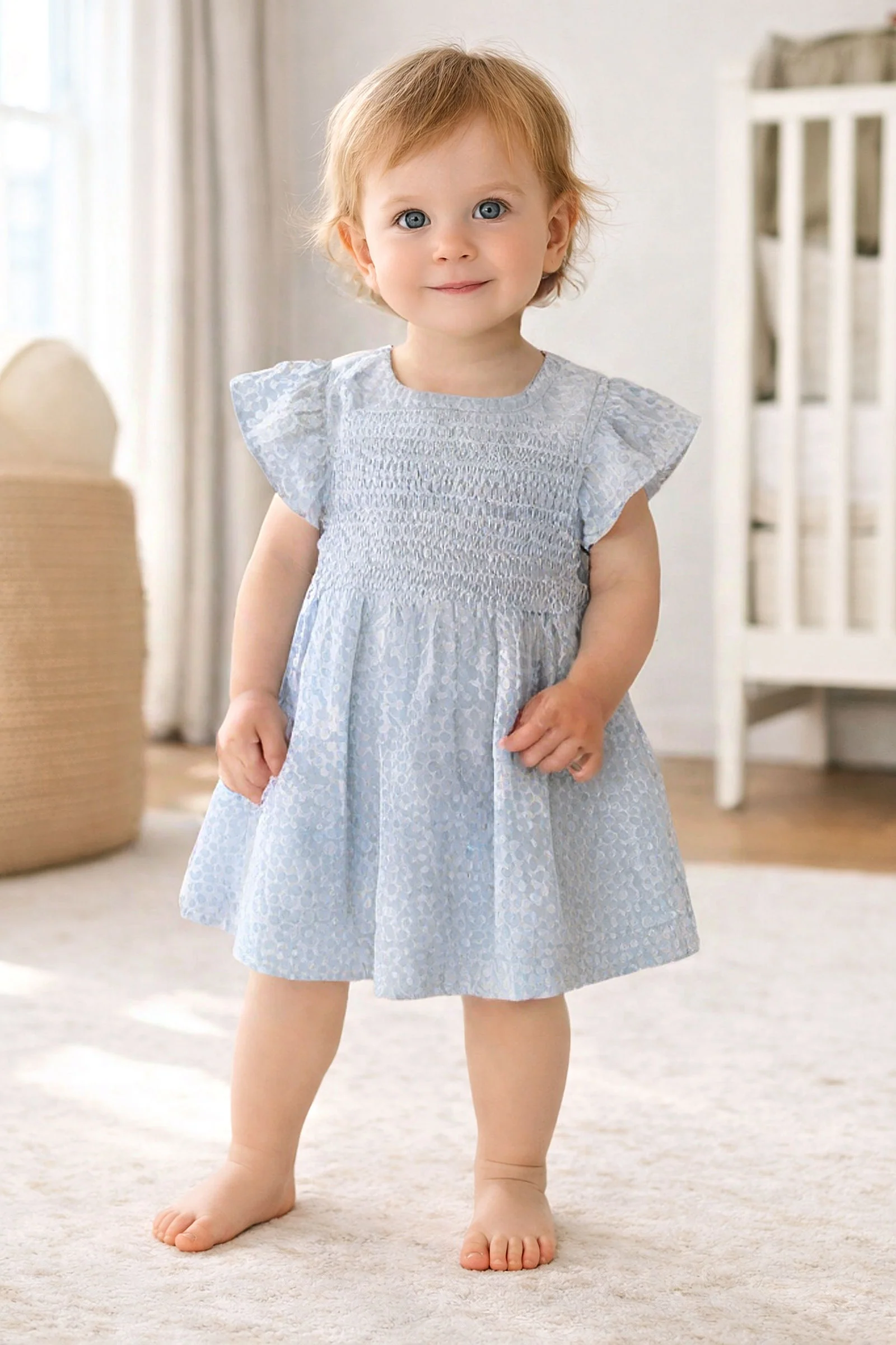 Hope & Henry Linen Smocked Puff Sleeve Dress for Baby Girls, Blue Chateau Ditsy