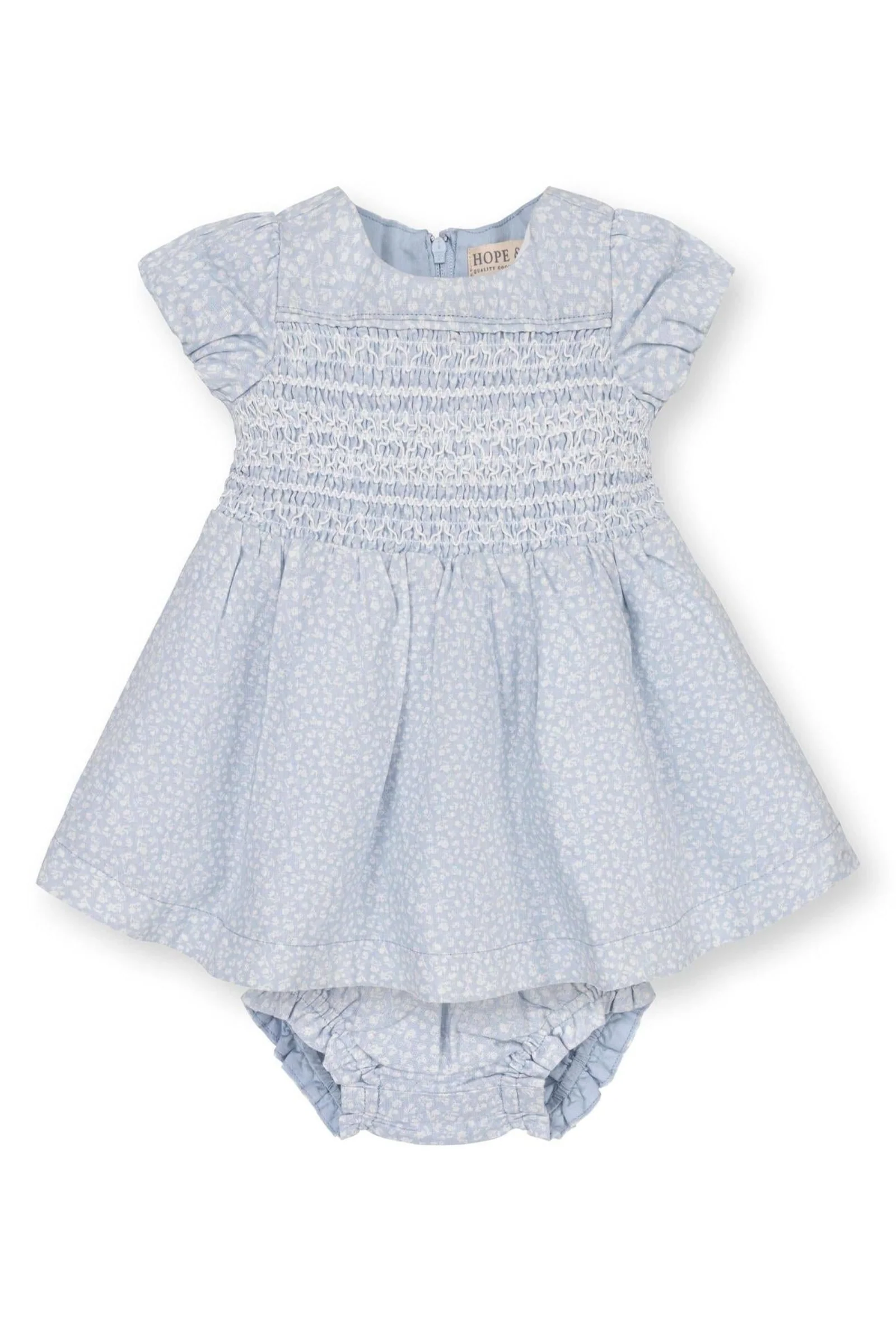 Hope & Henry Linen Smocked Puff Sleeve Dress for Baby Girls, Blue Chateau Ditsy - Image 2