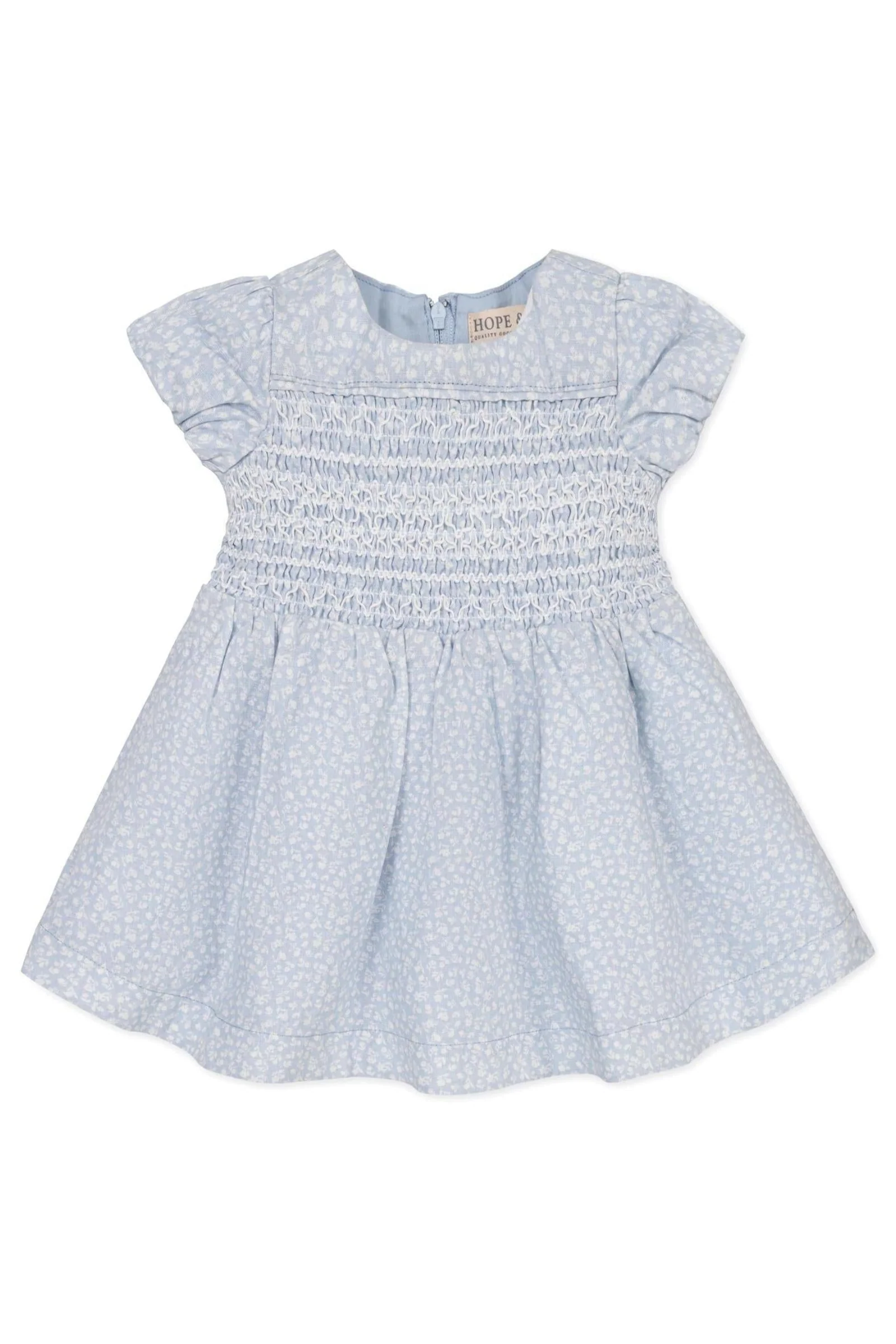 Hope & Henry Linen Smocked Puff Sleeve Dress for Baby Girls, Blue Chateau Ditsy - Image 3
