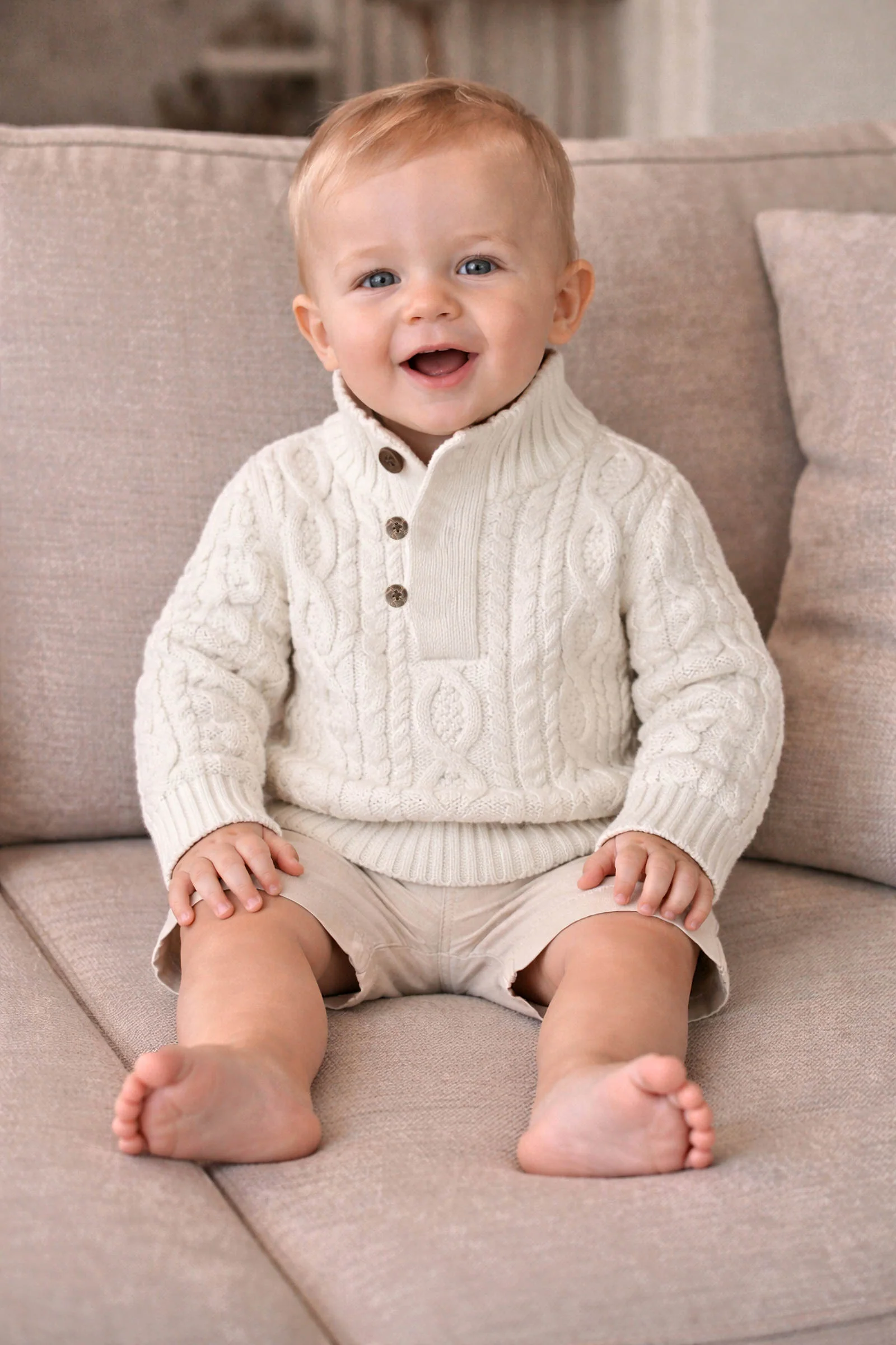 Hope & Henry Mock Neck Organic Cotton Cable Sweater with Buttons for Baby Boys, White
