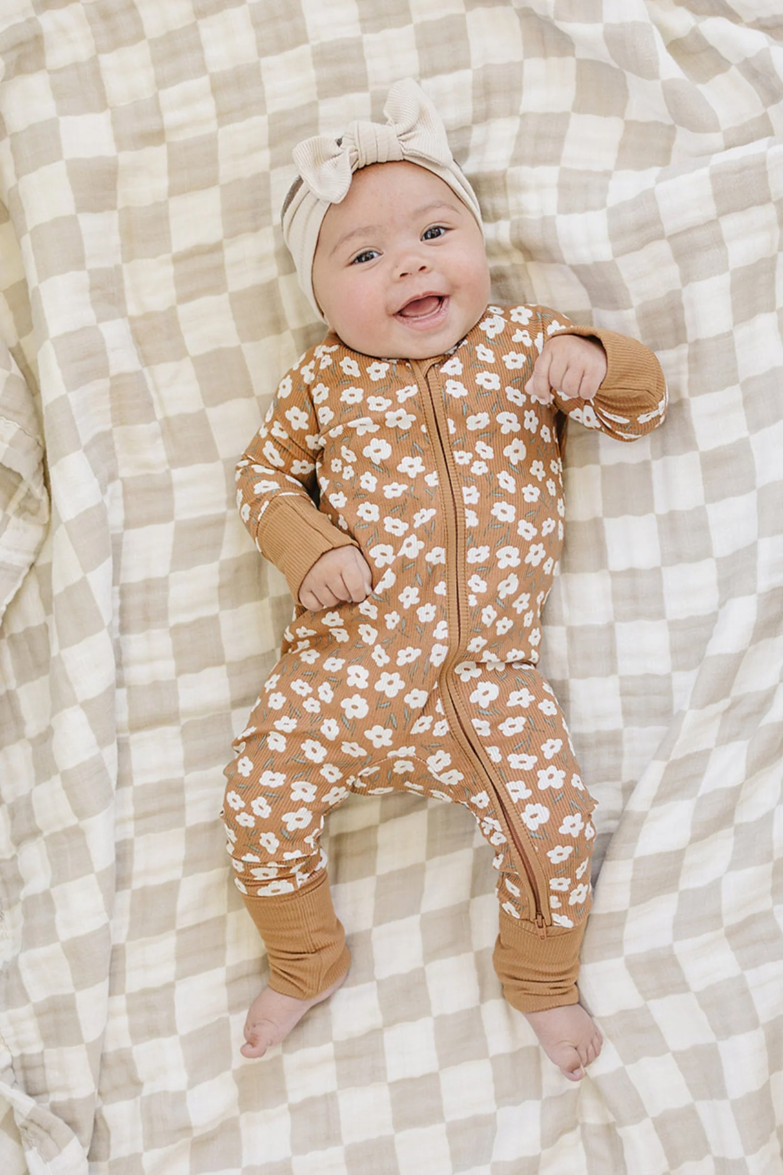 Mebie Baby Mustard Floral Ribbed Zipper Pajama, Bamboo, Baby Essentials