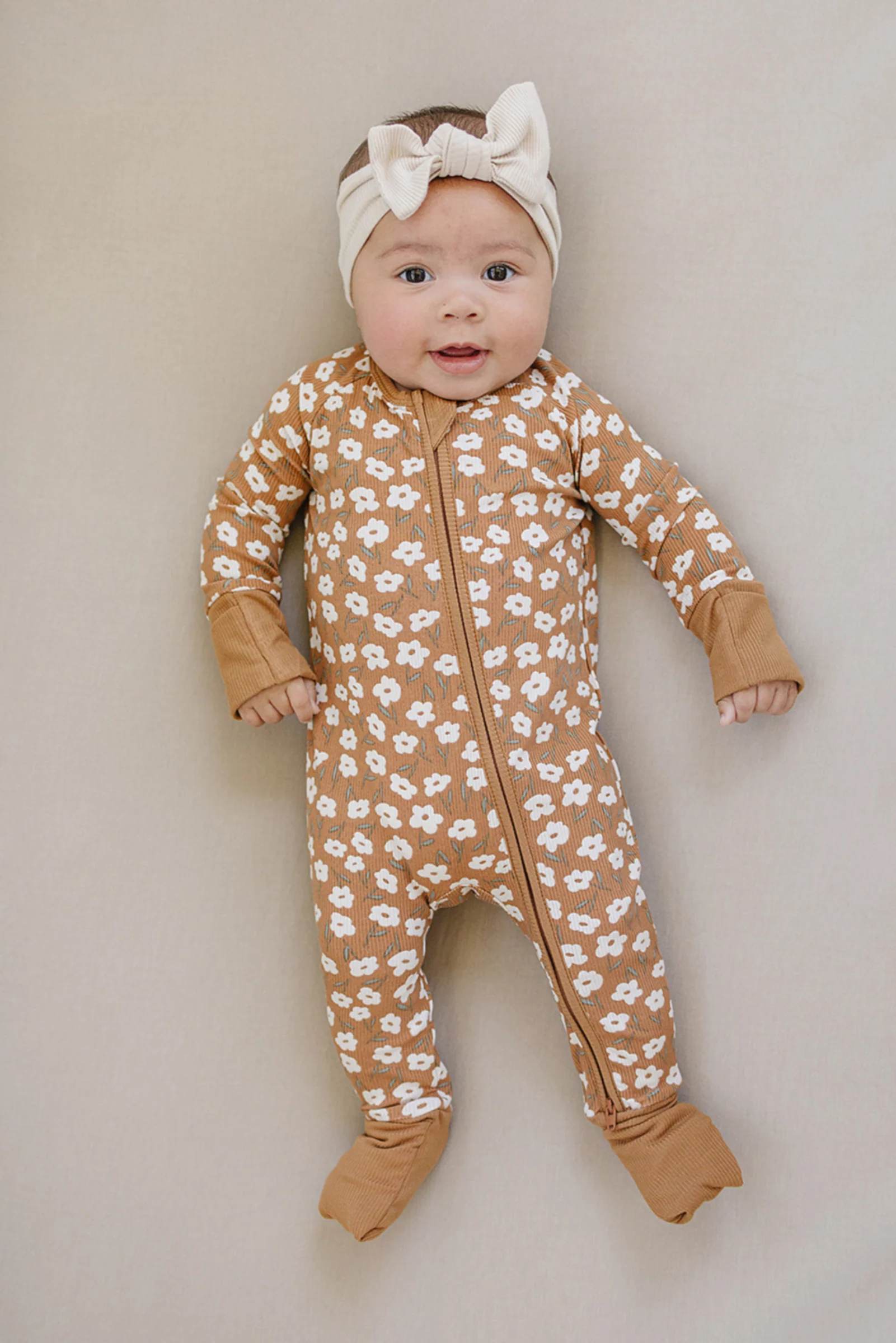 Mebie Baby Mustard Floral Ribbed Zipper Pajama, Bamboo, Baby Essentials - Image 4