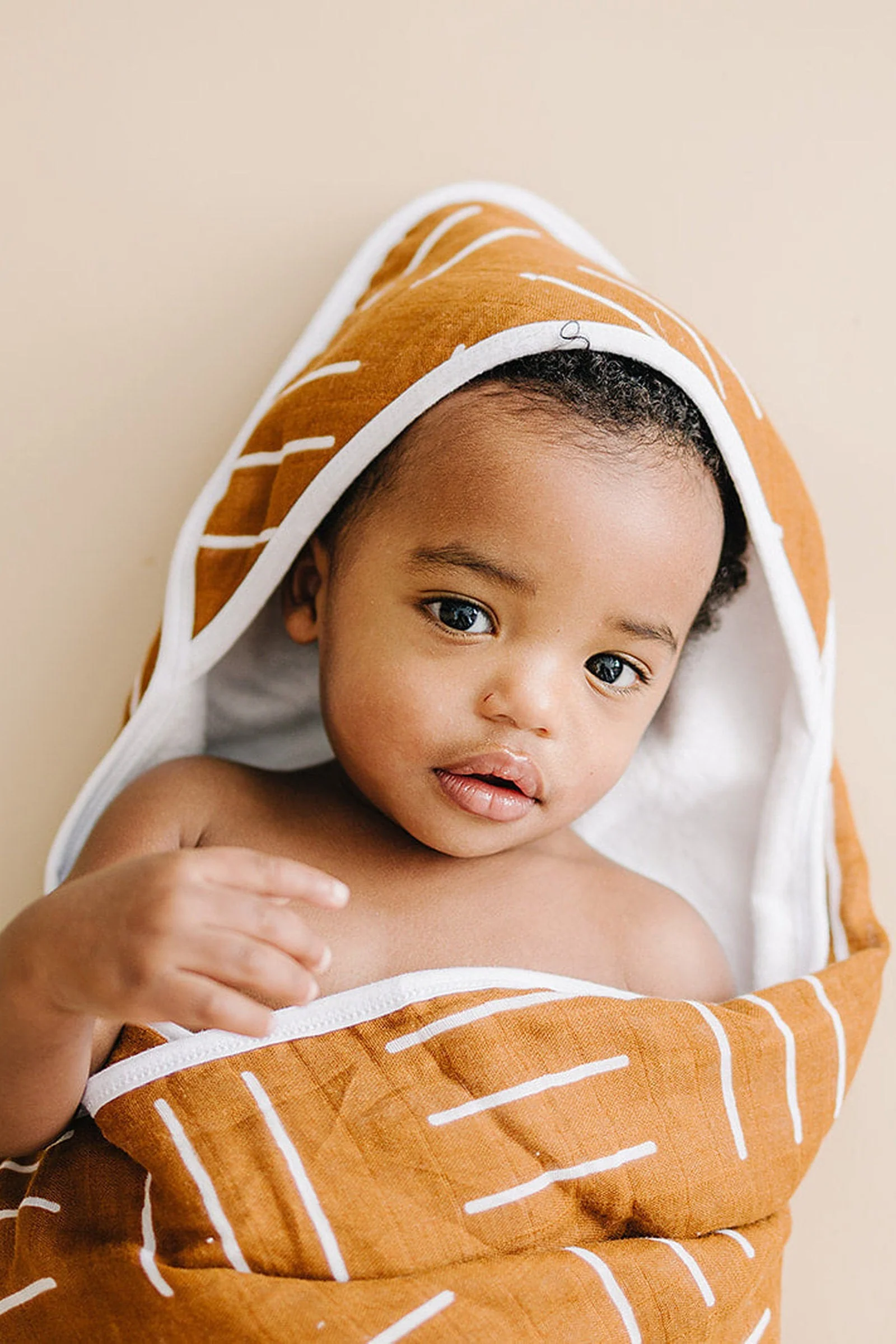 Mebie Baby Mustard Mudcloth Muslin Hooded Towel, 100% Cotton, Baby Essentials - Image 4