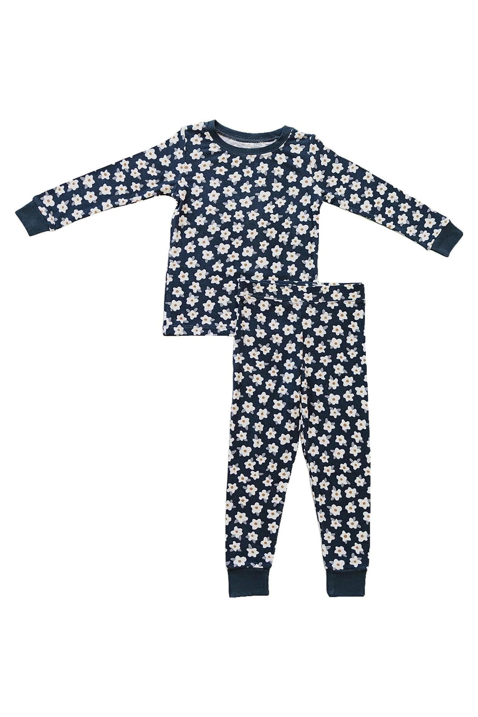 Mebie Baby Navy Daisy Ribbed Cozy Pajama Set, Bamboo, Baby, Toddler & Kids - Image 2