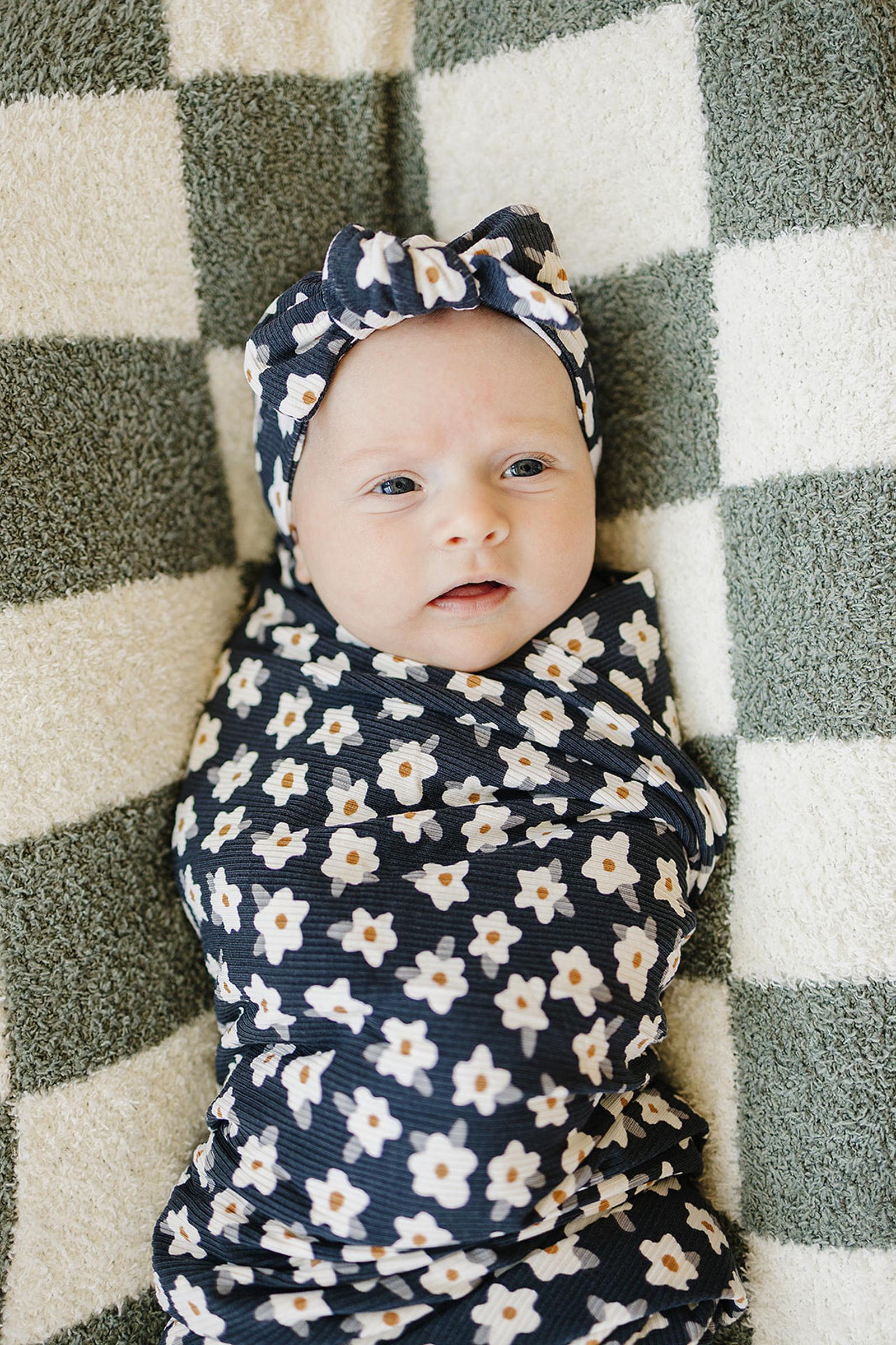 Mebie Baby Navy Daisy Ribbed Head Wrap, Bamboo, Baby - Image 3