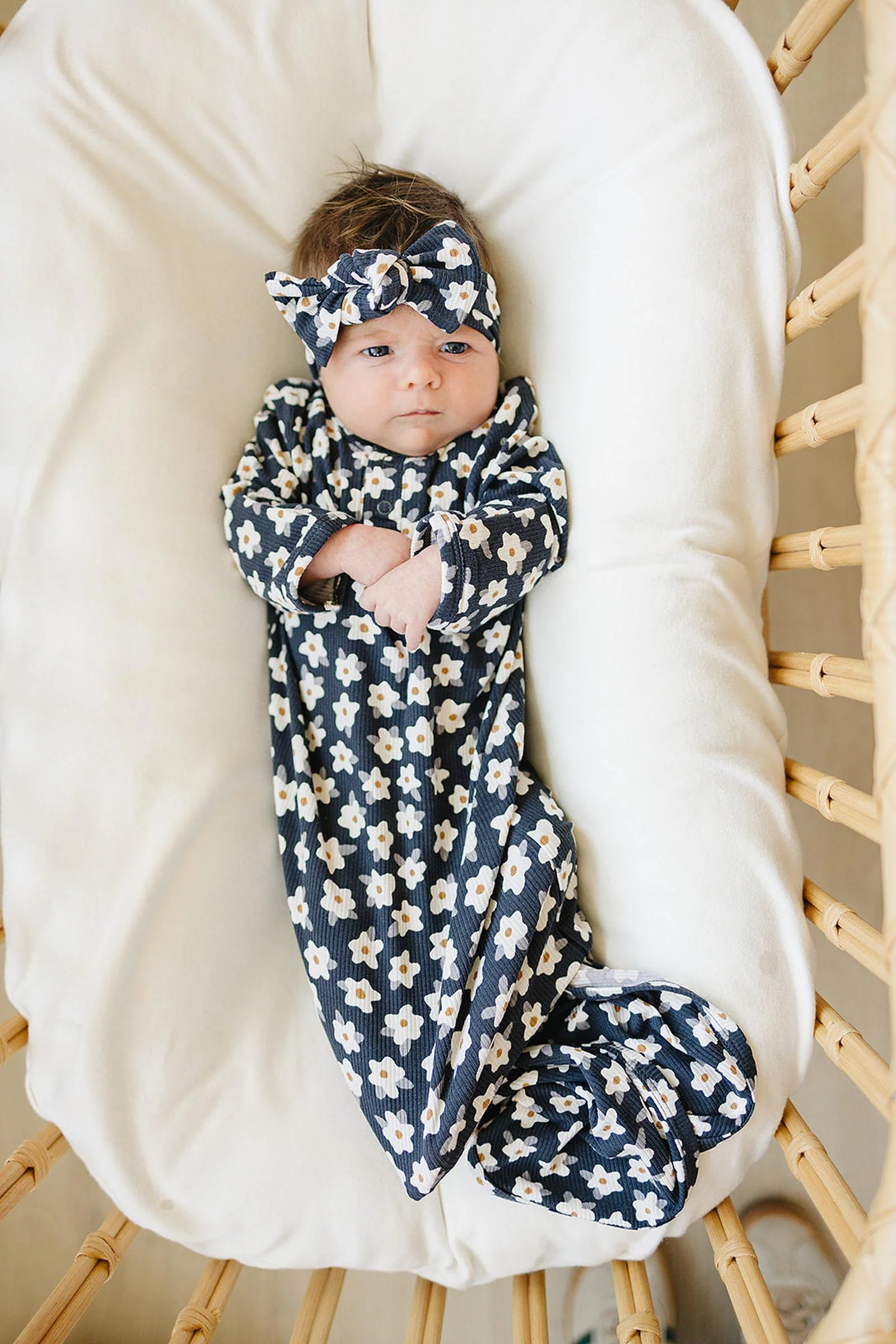 Mebie Baby Navy Daisy Ribbed Knot Gown, Bamboo, Baby Essentials - Image 3
