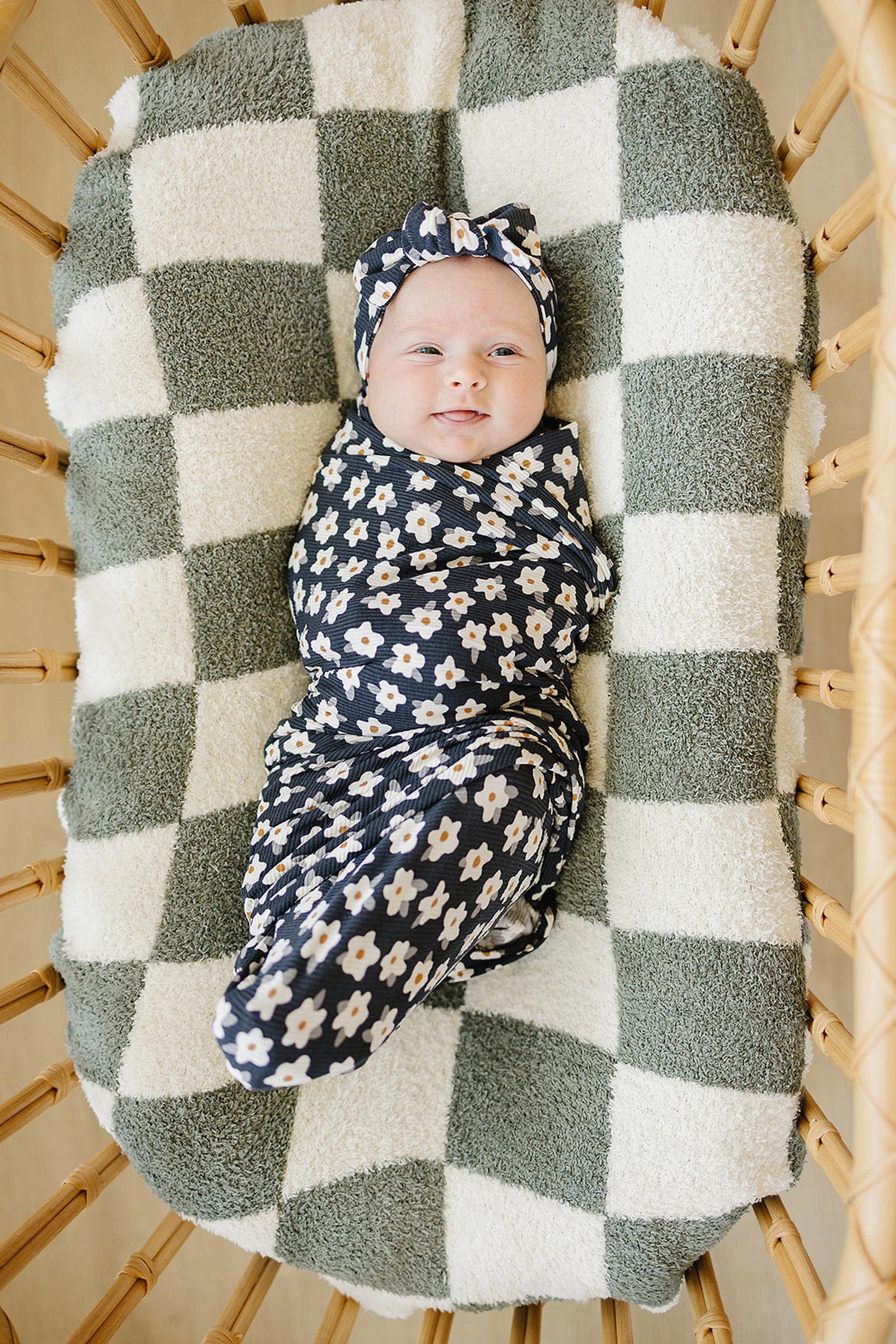 Mebie Baby Navy Daisy Ribbed Stretch Swaddle, Bamboo, Baby Essentials - Image 4
