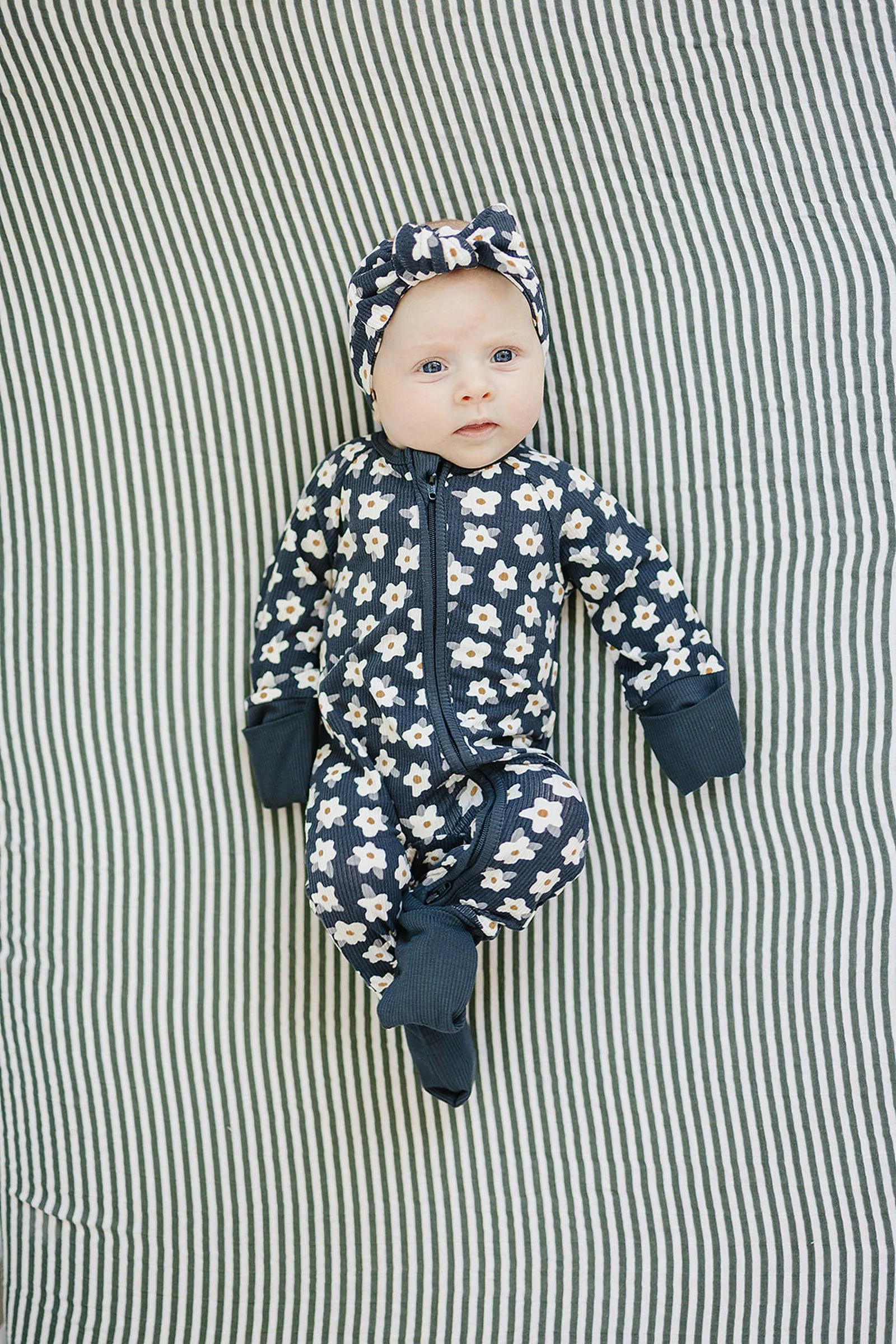 Mebie Baby Navy Daisy Ribbed Zipper Pajama, Bamboo Essentials, Baby