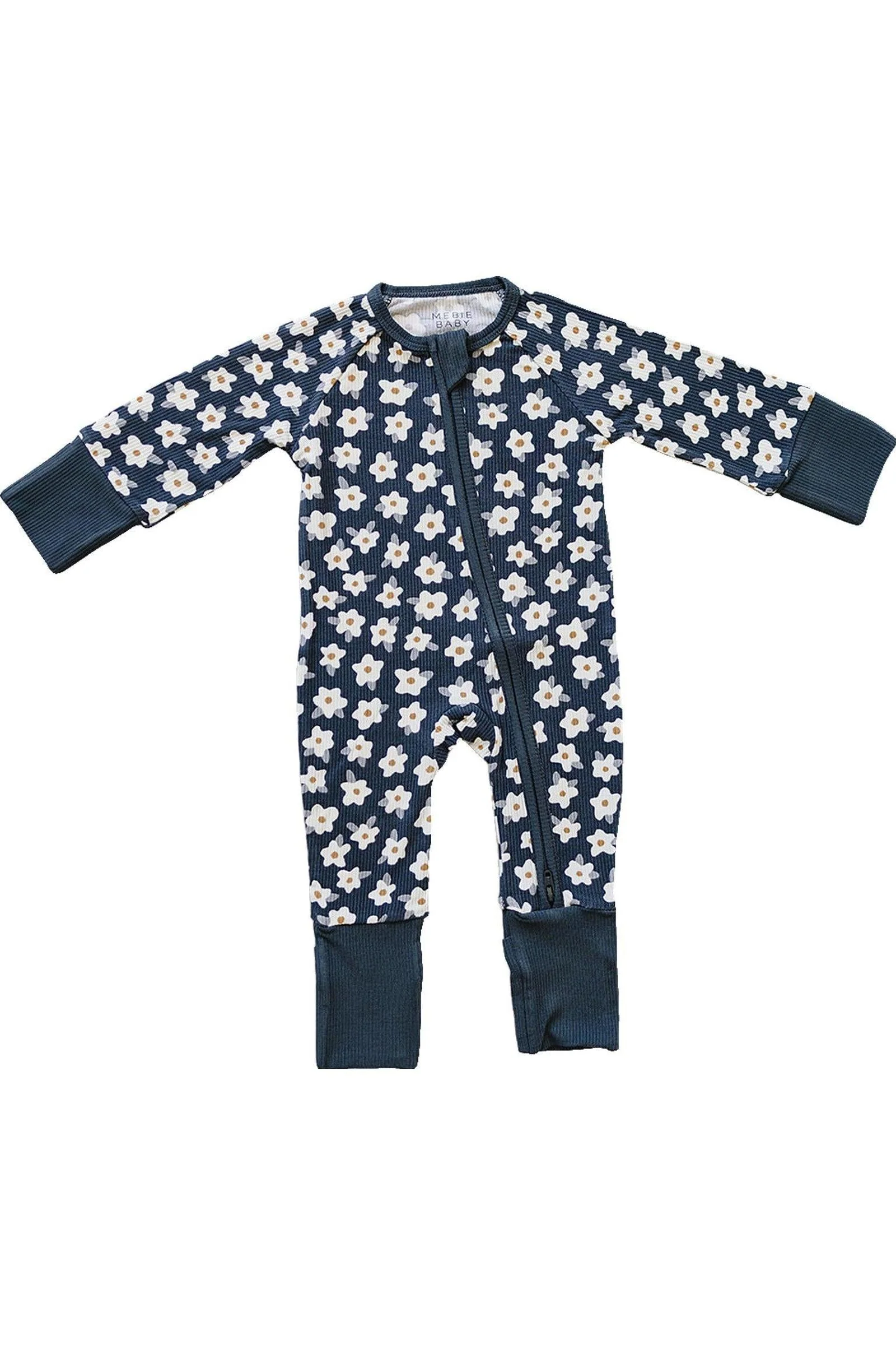 Mebie Baby Navy Daisy Ribbed Zipper Pajama, Bamboo Essentials, Baby - Image 2