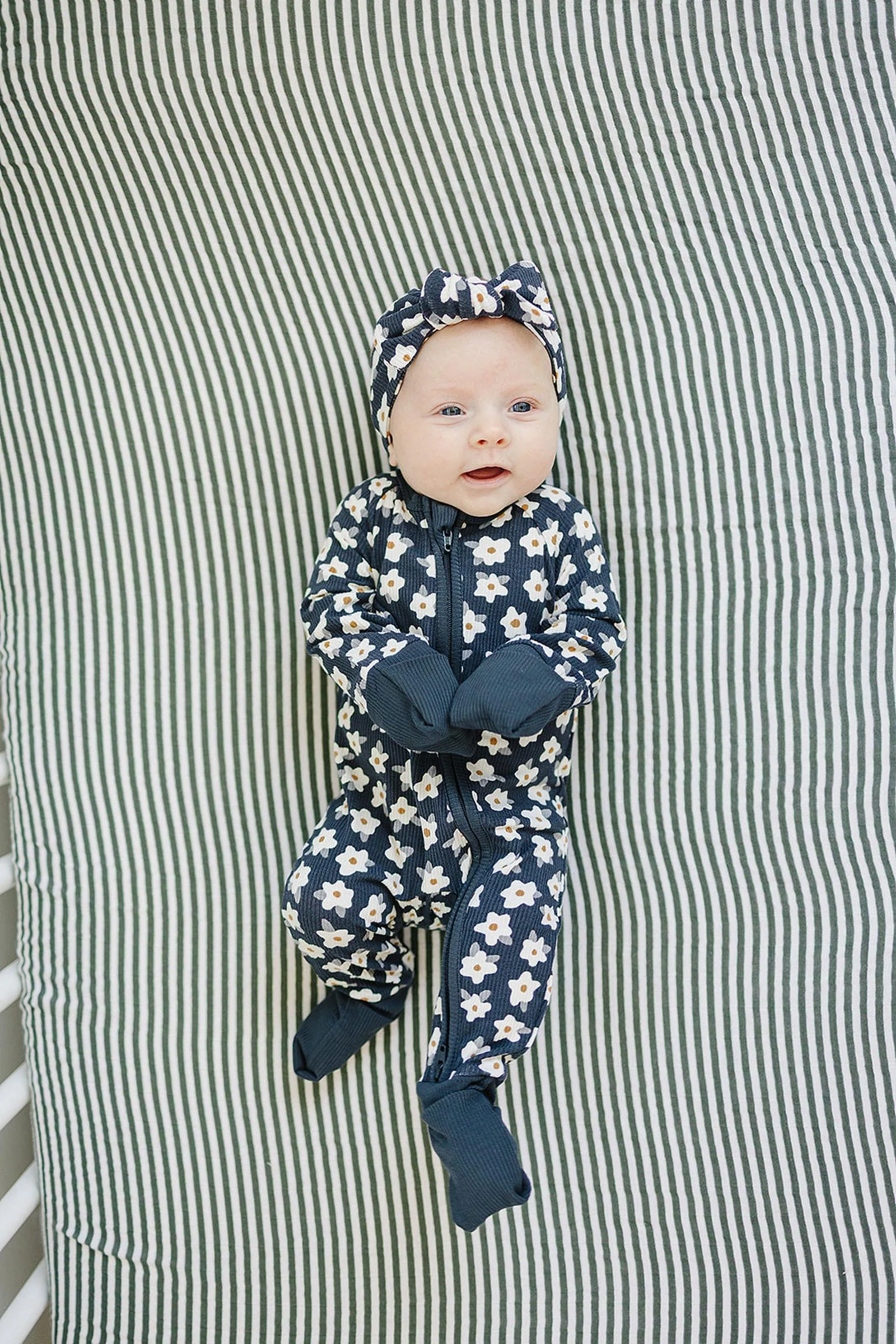 Mebie Baby Navy Daisy Ribbed Zipper Pajama, Bamboo Essentials, Baby - Image 4
