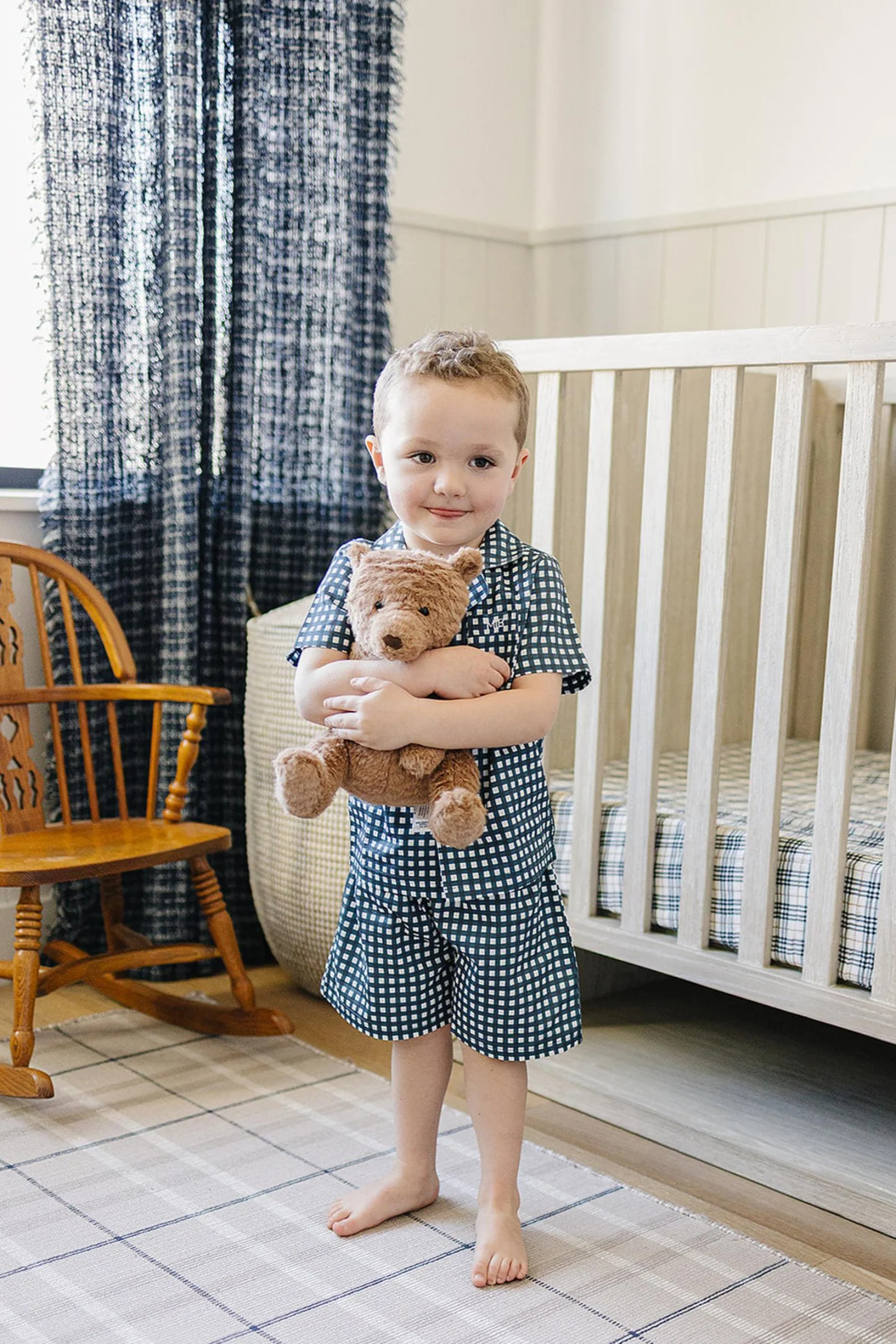 Mebie Baby Navy Gingham Shorts Pajama Set, 100% Cotton, Gender Neutral, Sizes 6M-11
