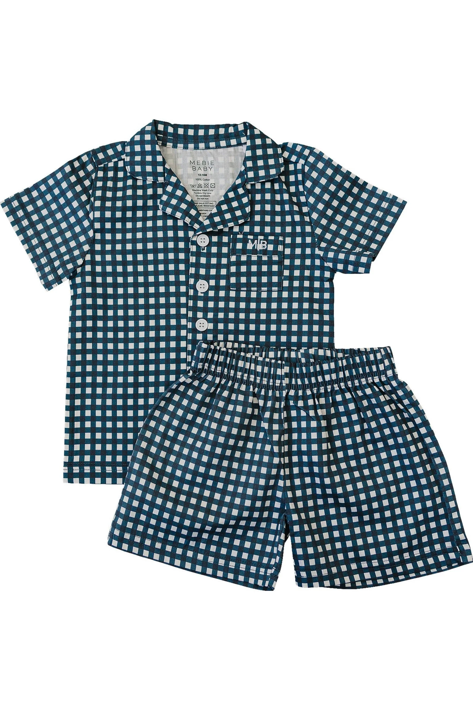 Mebie Baby Navy Gingham Shorts Pajama Set, 100% Cotton, Gender Neutral, Sizes 6M-11 - Image 2