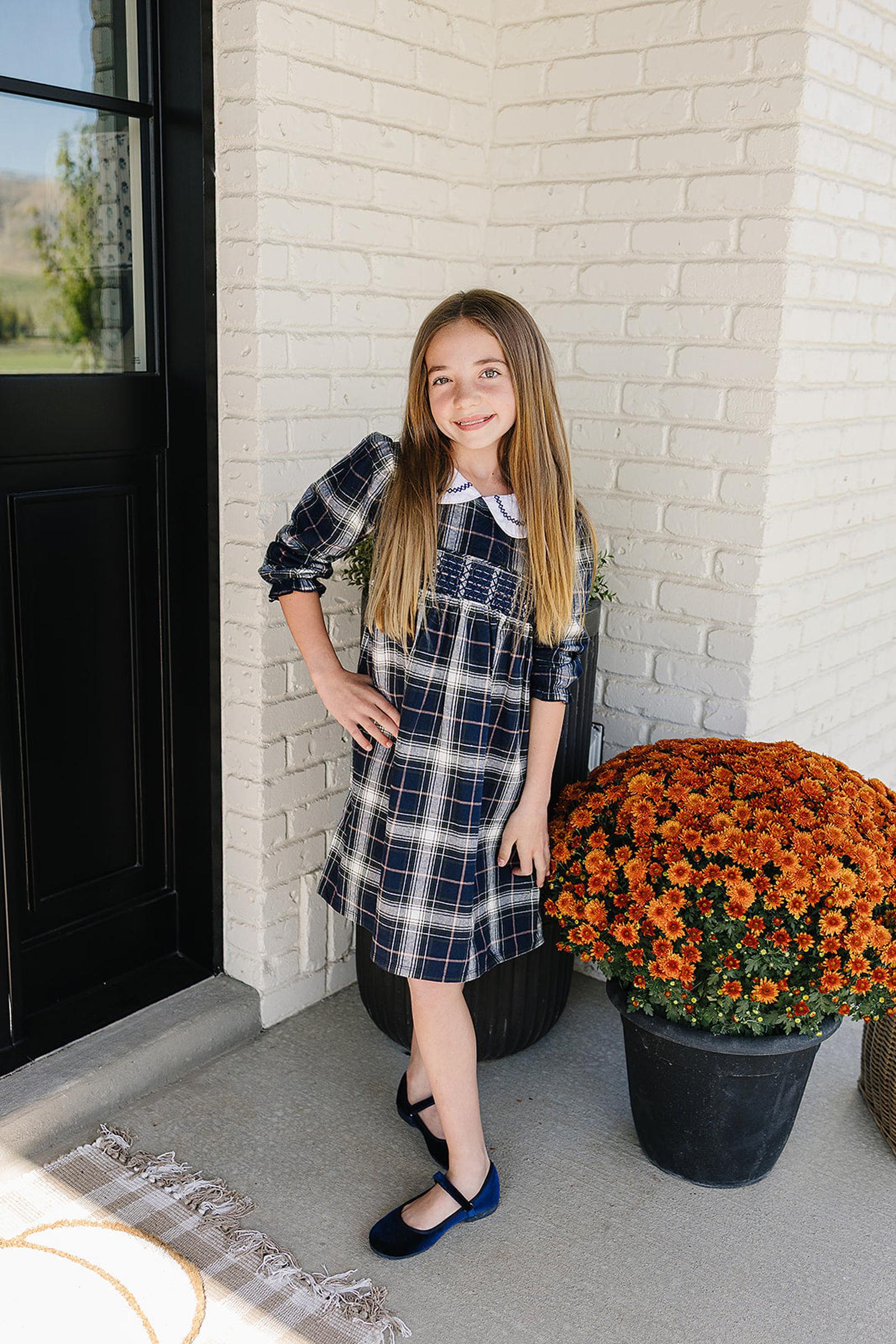 Mebie Baby Classic Navy Plaid Smocked Dress with Peter Pan Collar, Cotton, Sizes 0-8 - Image 4