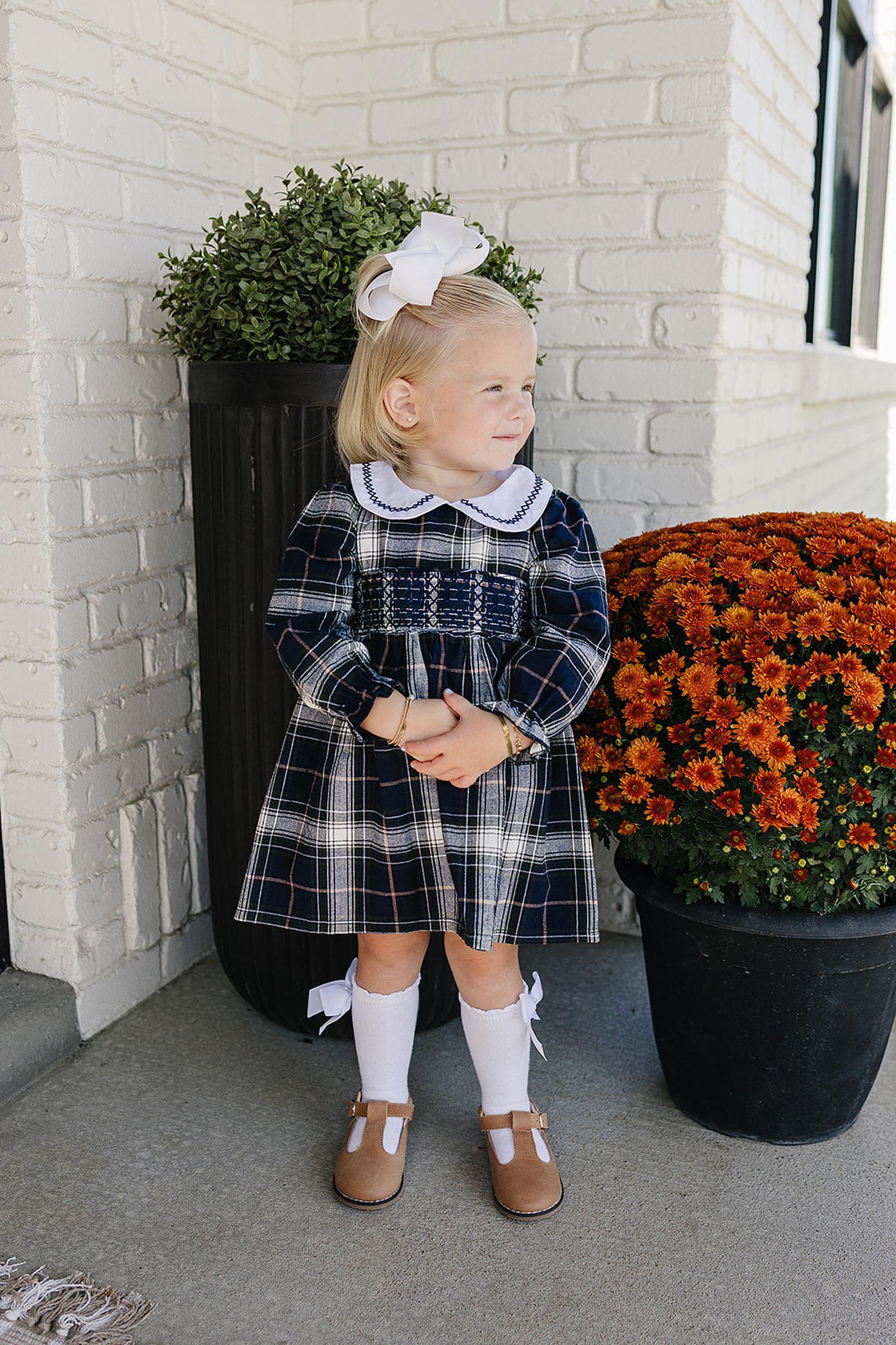 Mebie Baby Classic Navy Plaid Smocked Dress with Peter Pan Collar, Cotton, Sizes 0-8 - Image 5