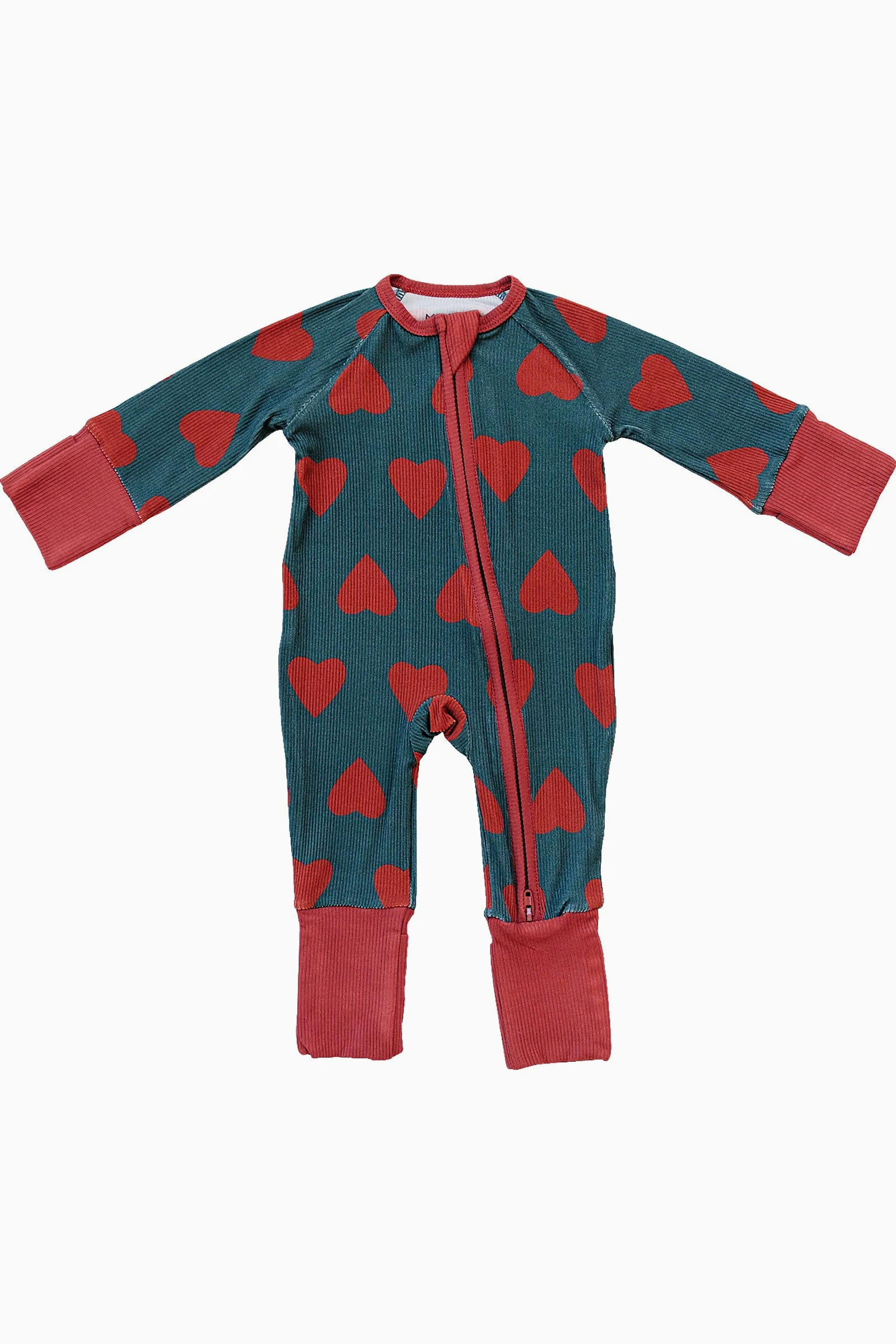 Mebie Baby Navy + Red Hearts Ribbed Zipper Pajama, Bamboo, Baby Essentials - Image 2