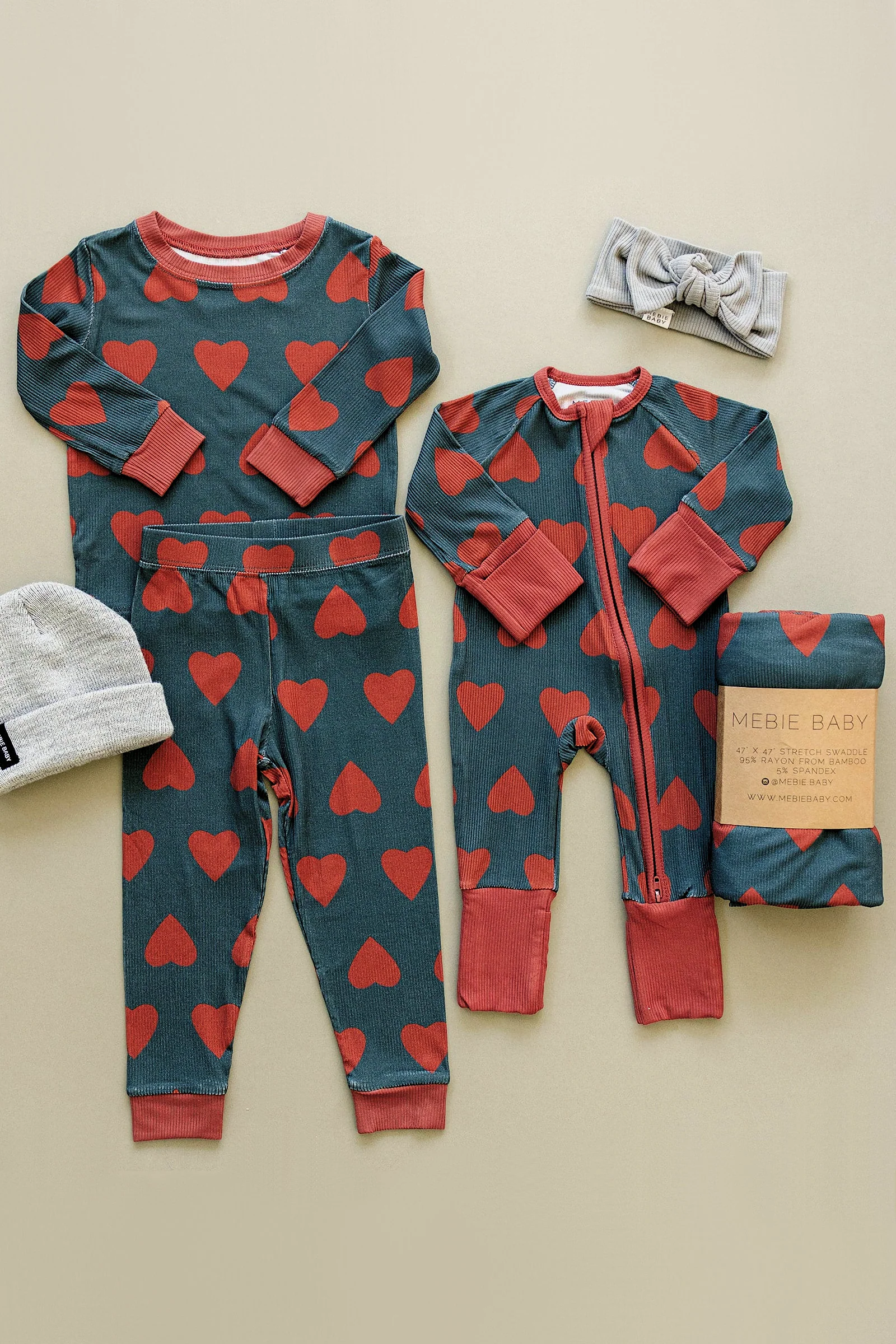 Mebie Baby Navy + Red Hearts Ribbed Zipper Pajama, Bamboo, Baby Essentials - Image 4