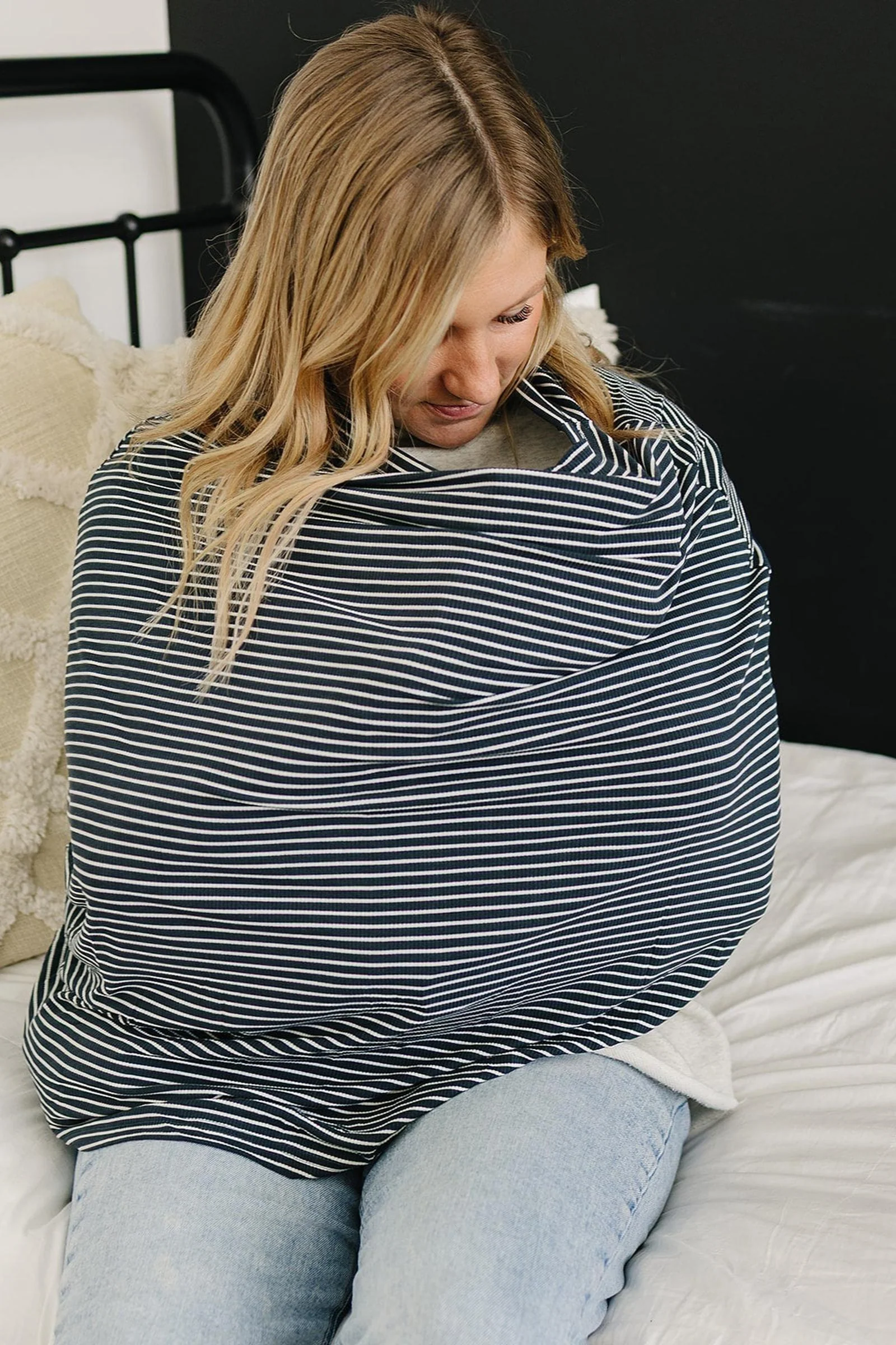 Mebie Baby Navy Stripes Ribbed Multi-Use, Bamboo, Car Seat & Nursing Cover, Gender Neutral, Baby
