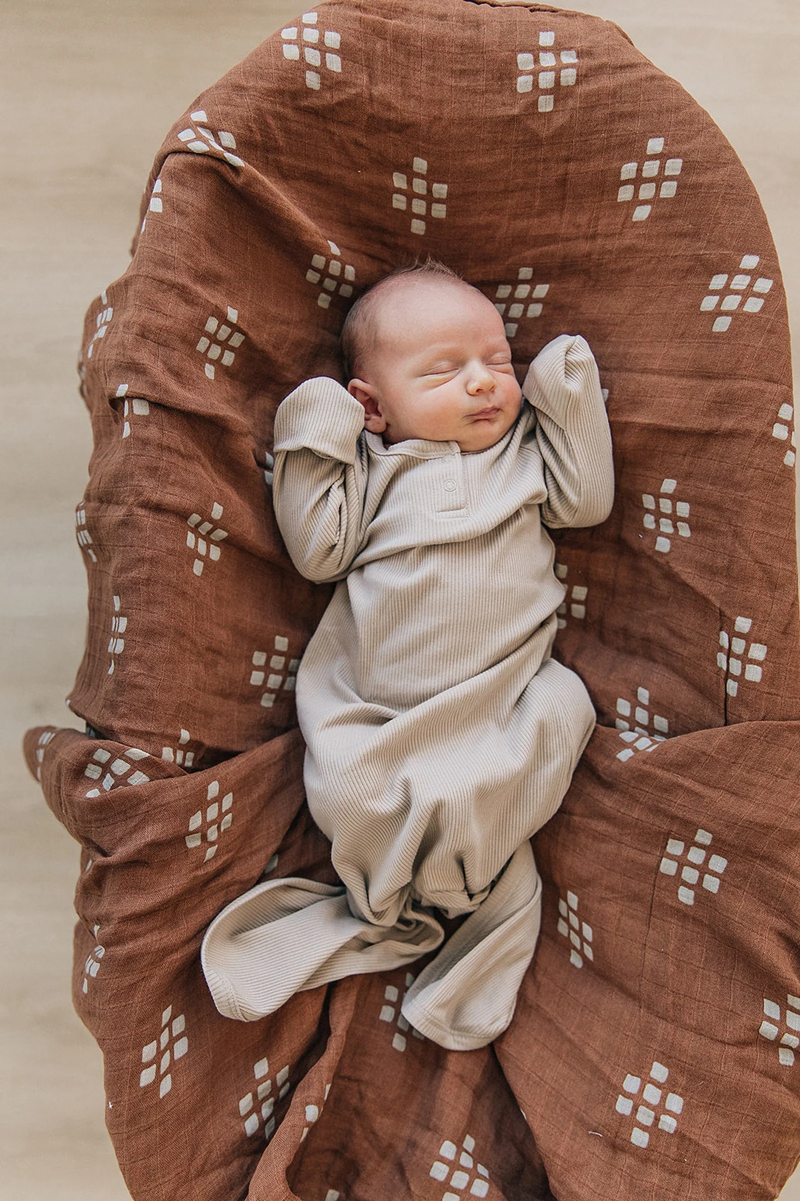 Mebie Baby Oatmeal Ribbed Knot Gown, Baby Essentials, Organic Cotton - Image 3