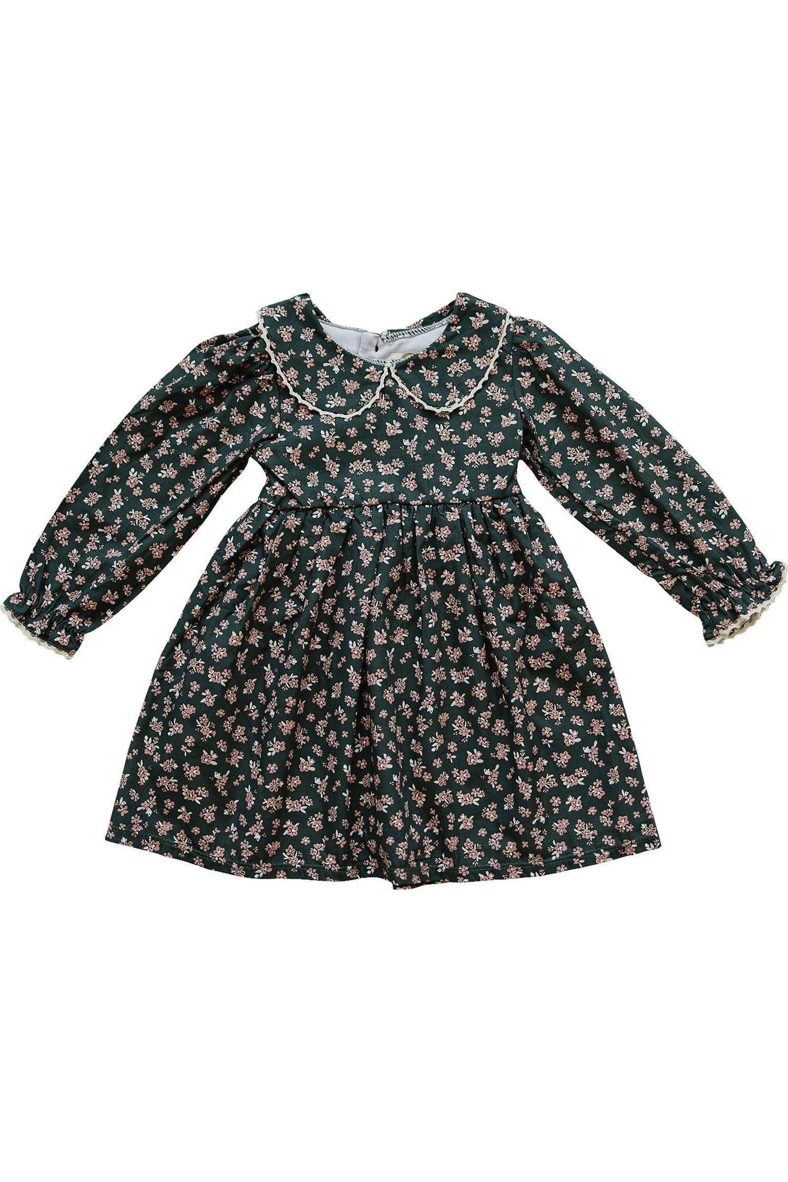 Mebie Baby Elegant Olive Bloom Dress with Peter Pan Collar, Cotton, Sizes 2-7 - Image 2