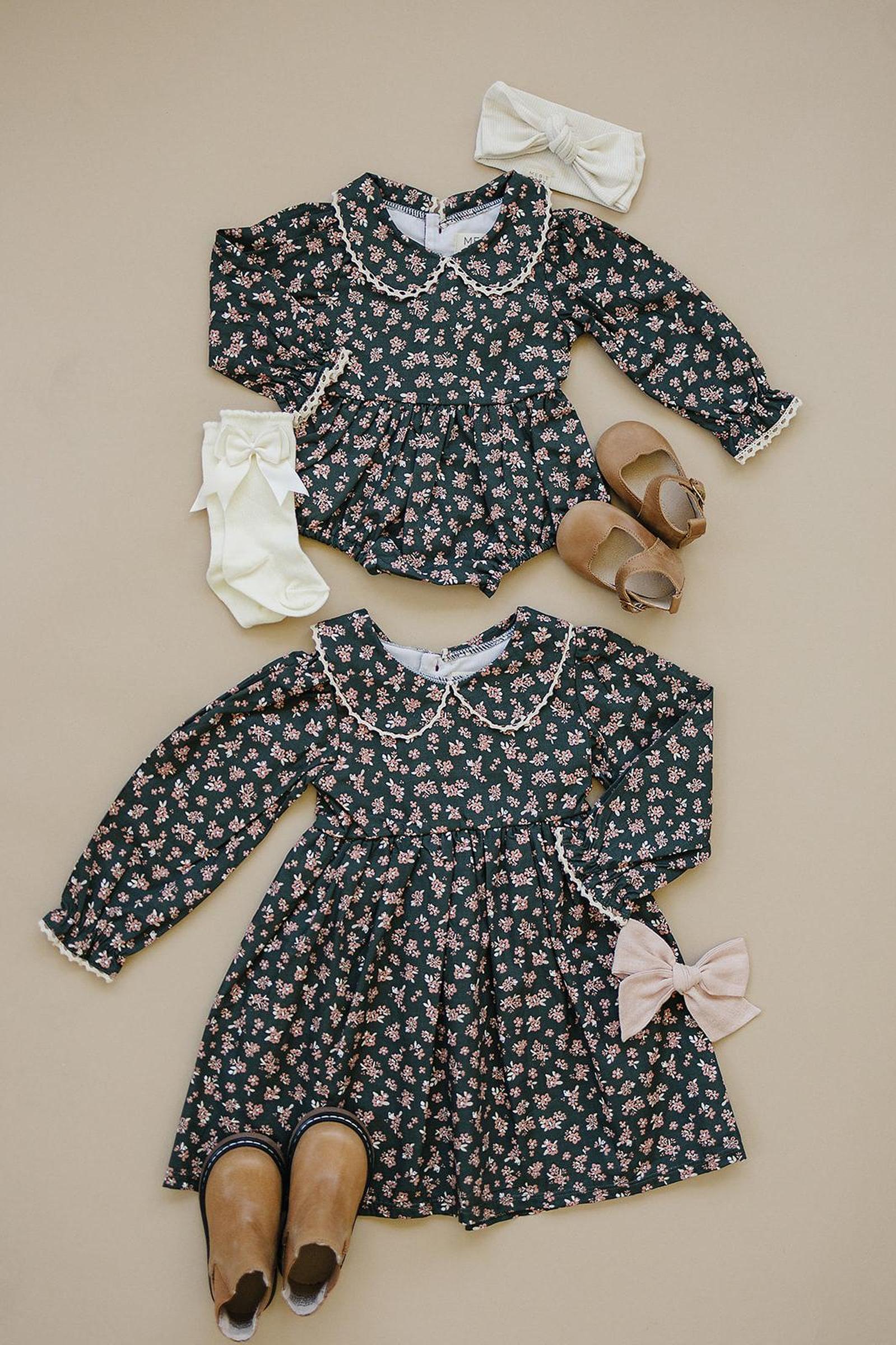 Mebie Baby Elegant Olive Bloom Dress with Peter Pan Collar, Cotton, Sizes 2-7 - Image 6