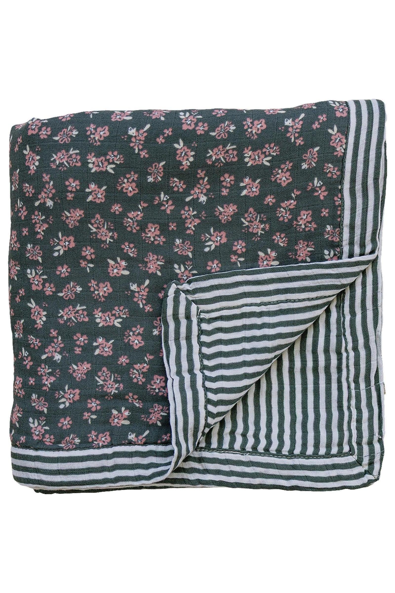 Mebie Baby Olive Bloom + Green Stripes Muslin Crib Quilt, 100% Cotton, Baby Essentials - Image 2