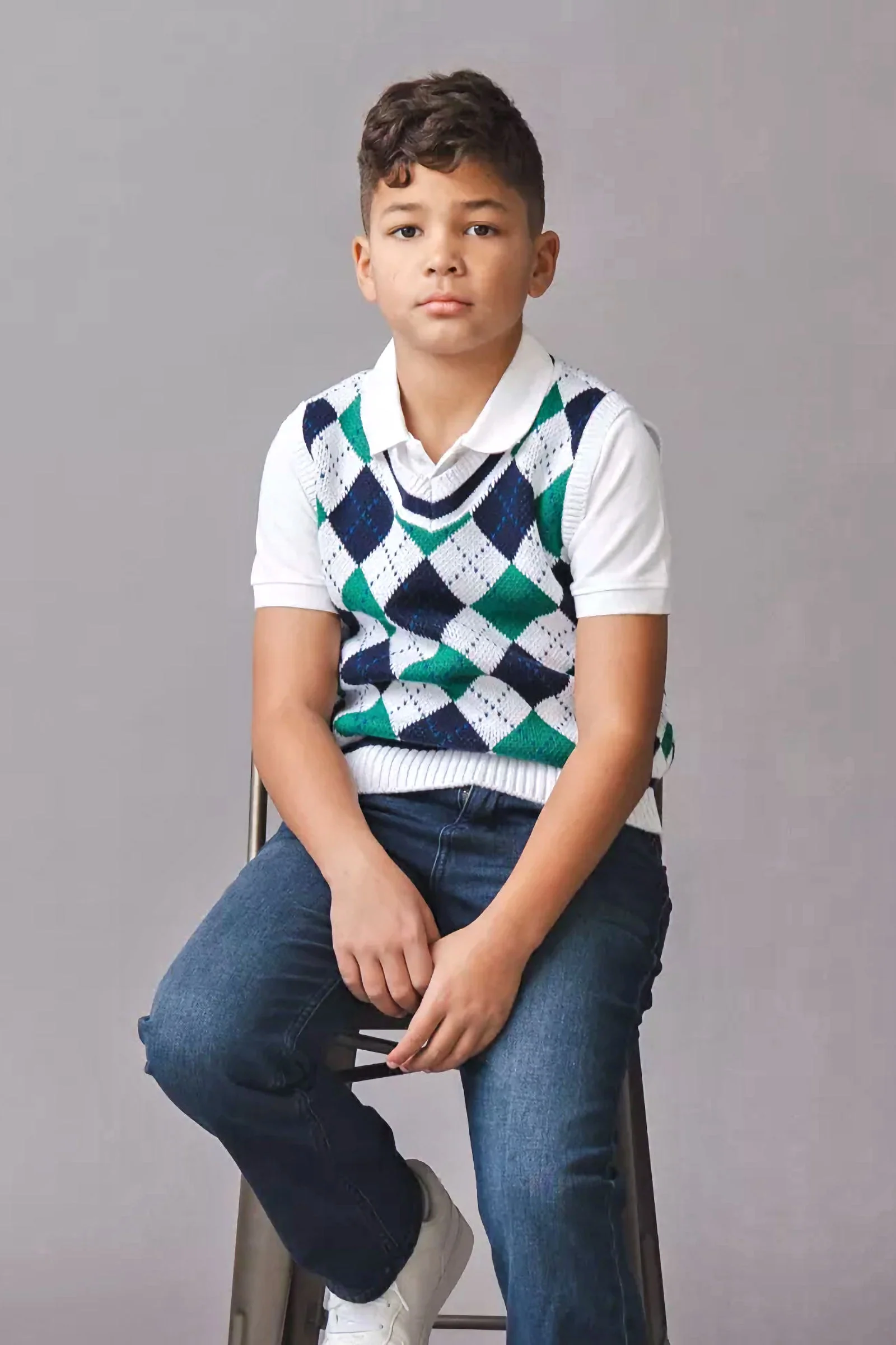 Hope & Henry Organic Cotton Argyle Sweater Vest for Boys, White & Green, Size 2T-18