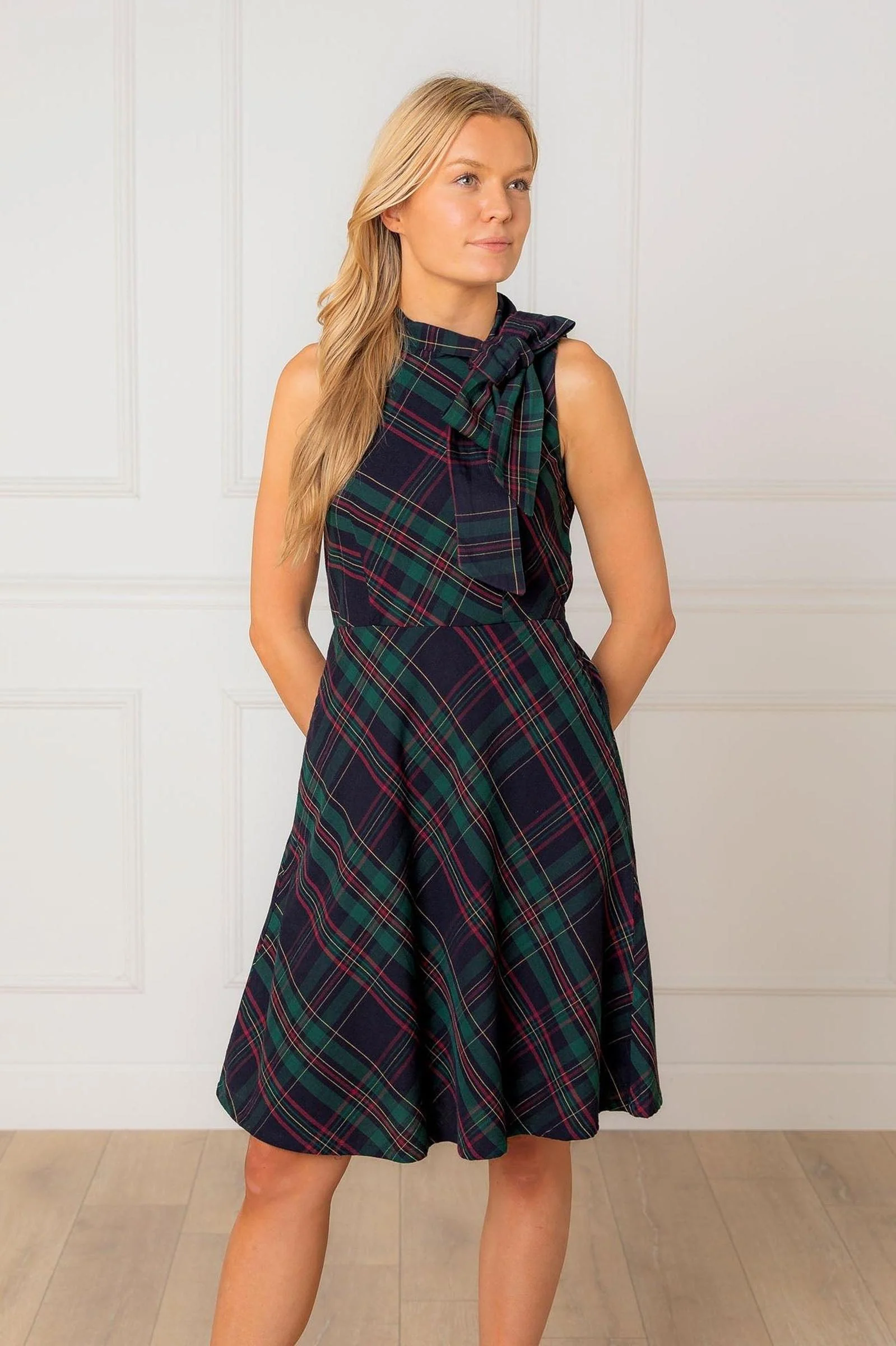 Organic Cotton Bow Neck Dress, Scottish Plaid, Women, Family Matching Outfits - Image 3