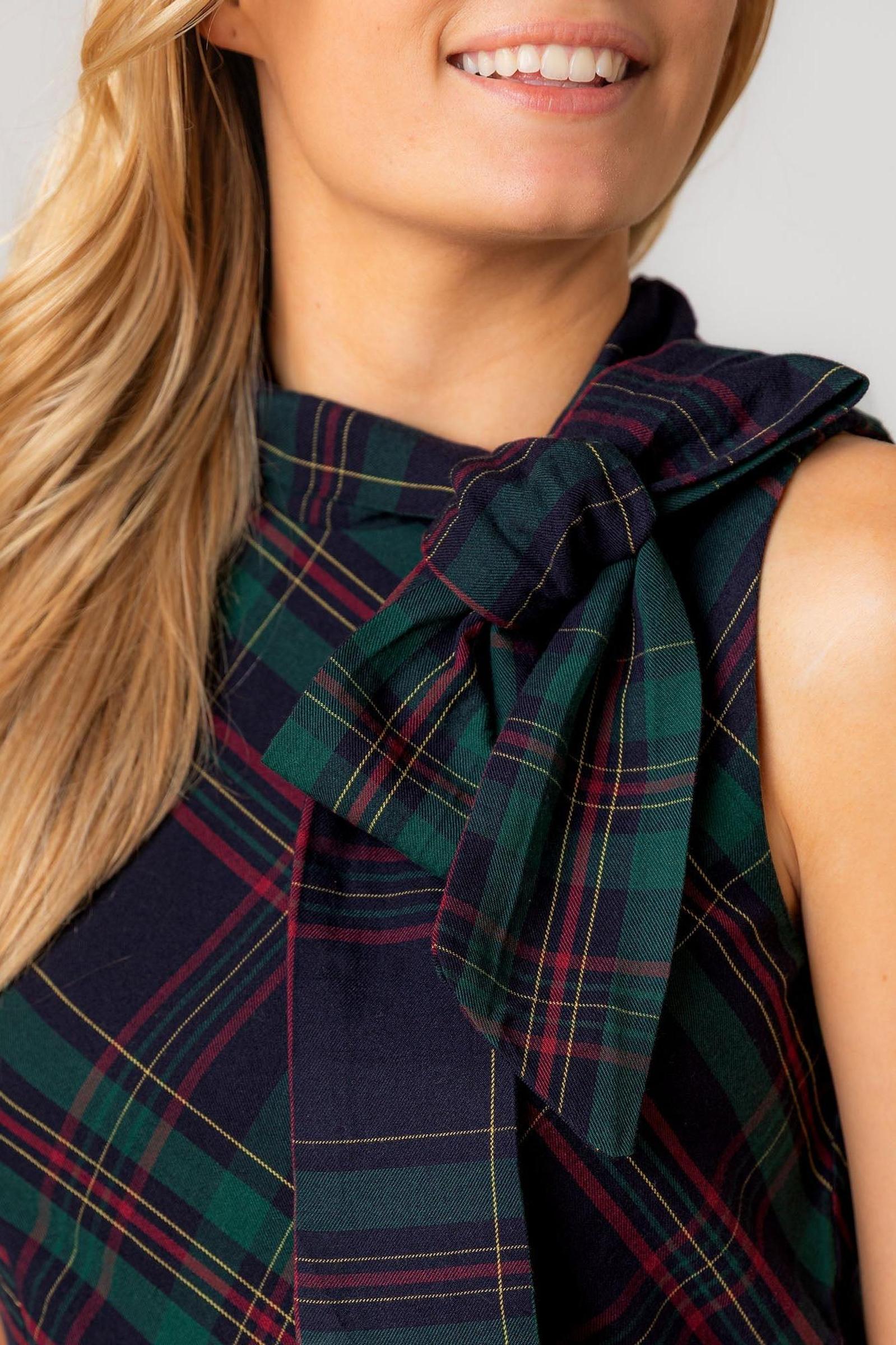 Organic Cotton Bow Neck Dress, Scottish Plaid, Women, Family Matching Outfits - Image 4