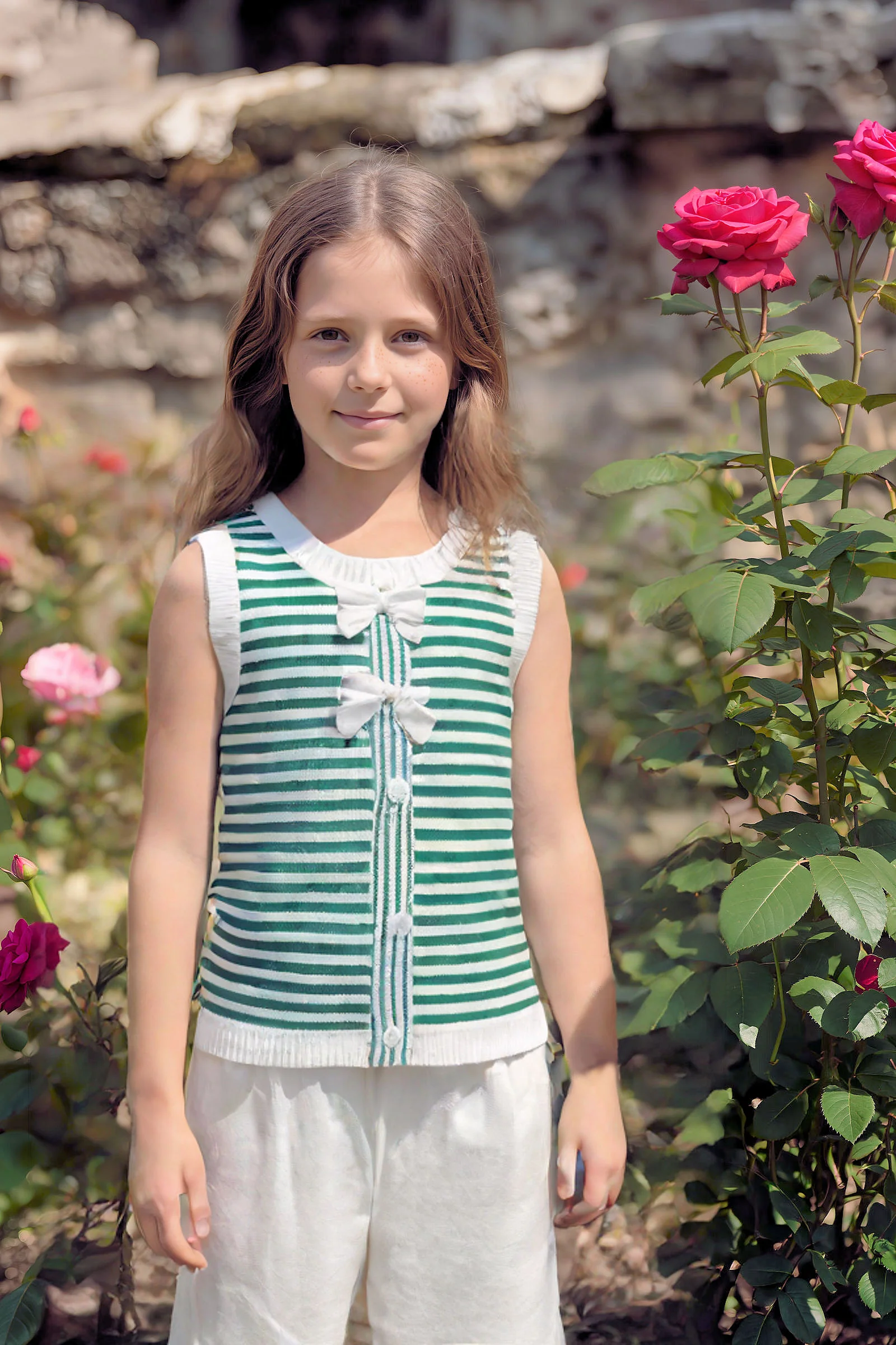 Hope & Henry Organic Cotton Button Front Sweater Tank Top with Bows, Green Stripes, Toddler & Kids