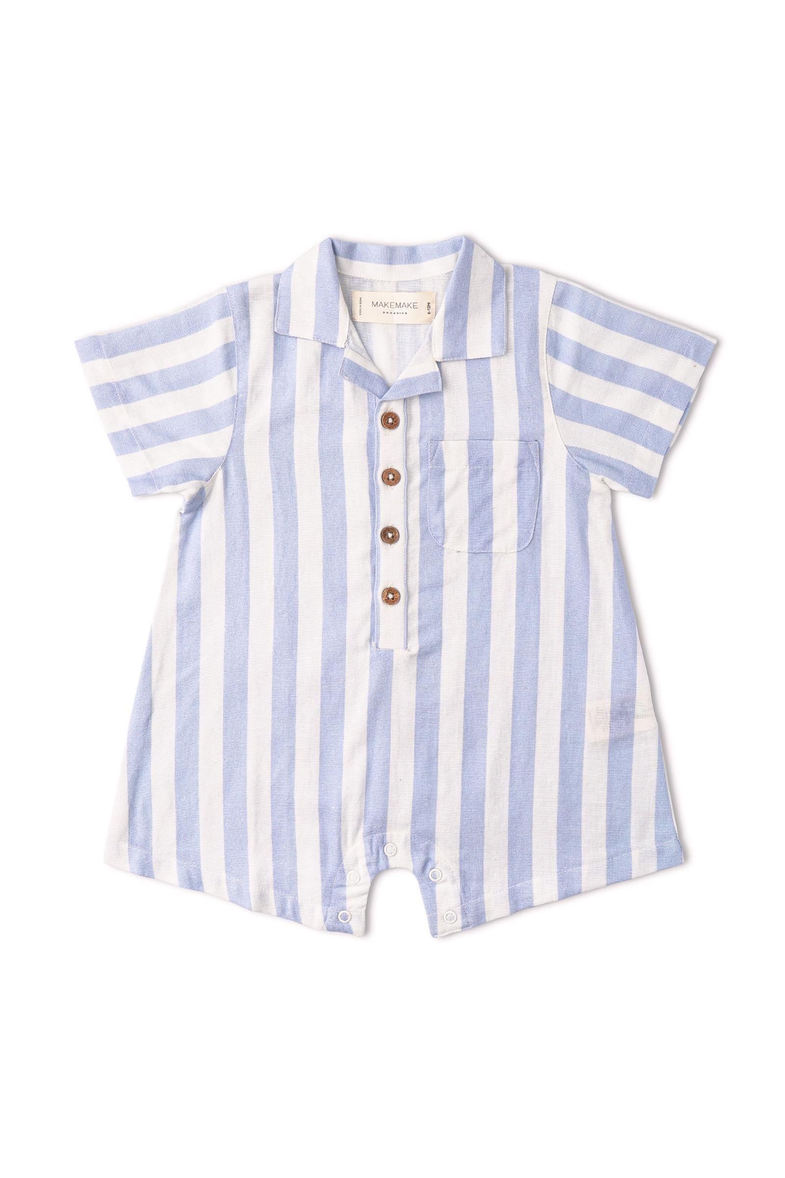 Organic Collared Romper - Blue Stripes - Image 2