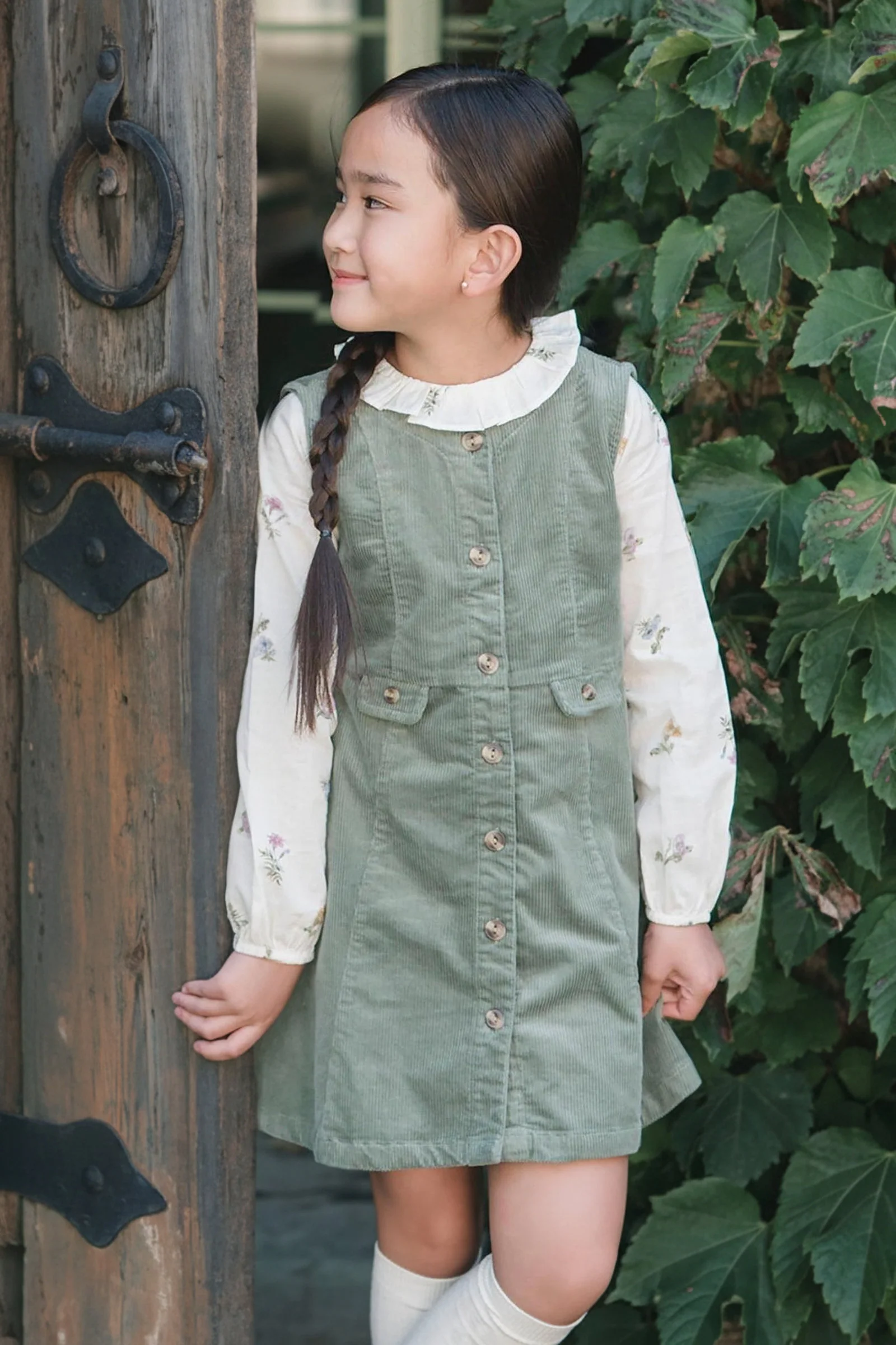 Hope & Henry Organic Cotton Corduroy Jumper Dress for Girls, Sage Green, Toddler & Kids