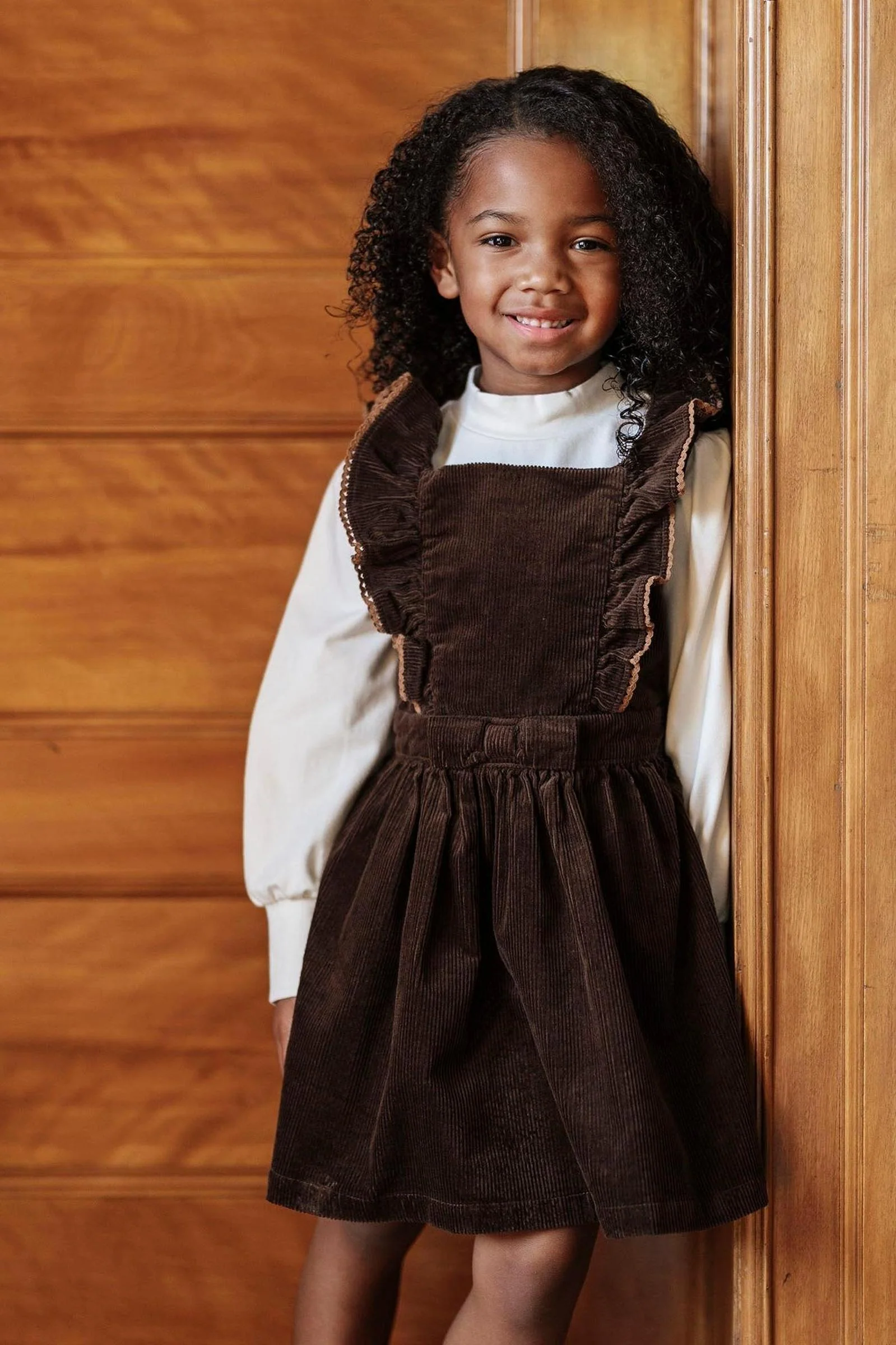 Hope & Henry Organic Cotton Corduroy Ruffle Jumper Dress for Girls, Brown, Toddler & Kids
