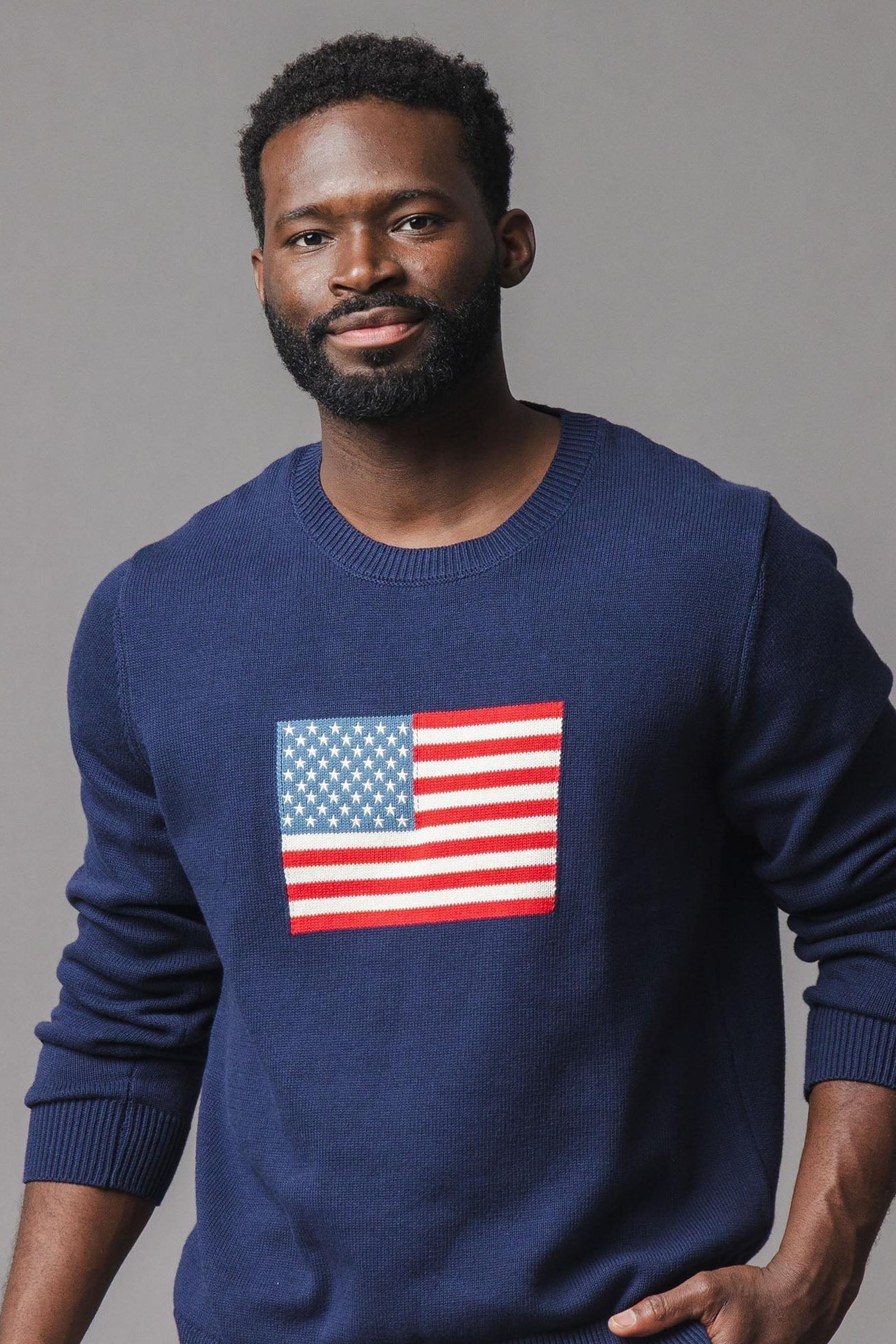 Organic Cotton Crew Neck Flag Sweater, Navy, Men, Family Matching Outfits - Image 5