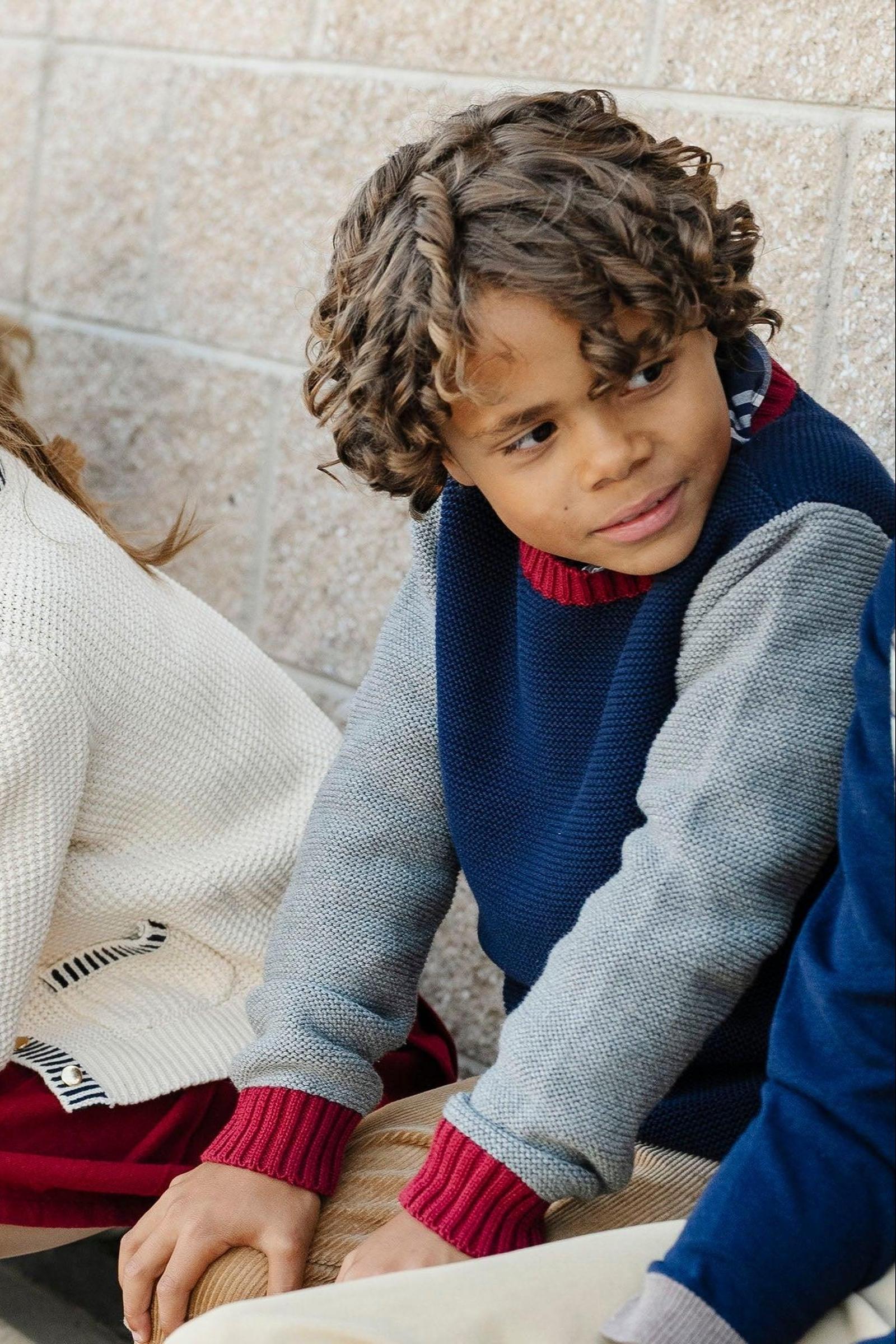 Hope & Henry Organic Cotton Crewneck Sweater, Navy & Gray, Toddler - Teen