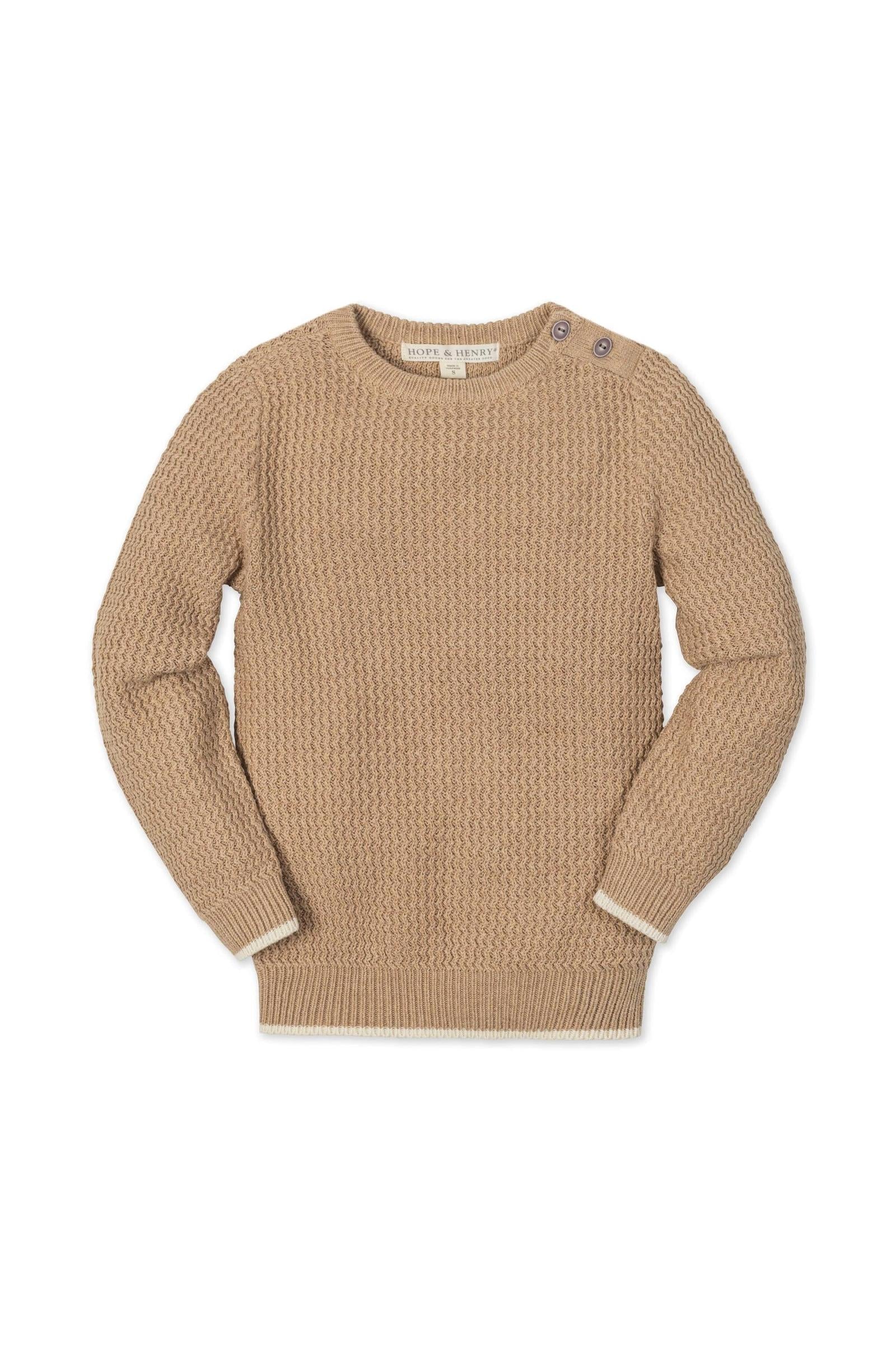 Hope & Henry Organic Cotton Crewneck Sweater with Buttons for Boys, Camel, Sizes 2T-14 - Image 2
