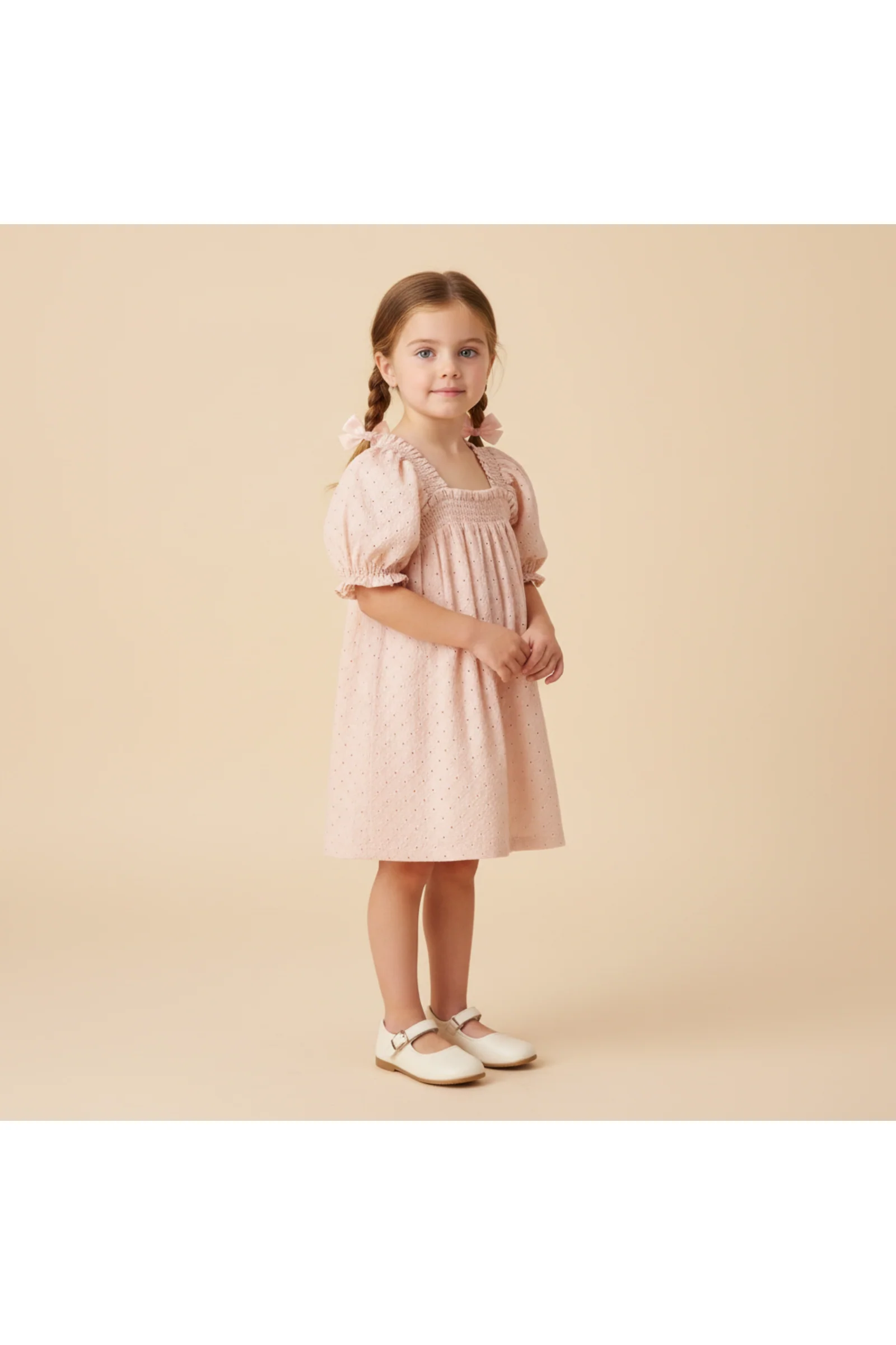 Organic Eyelet Bubble Sleeve Dress - Blush Eyelet - Image 3